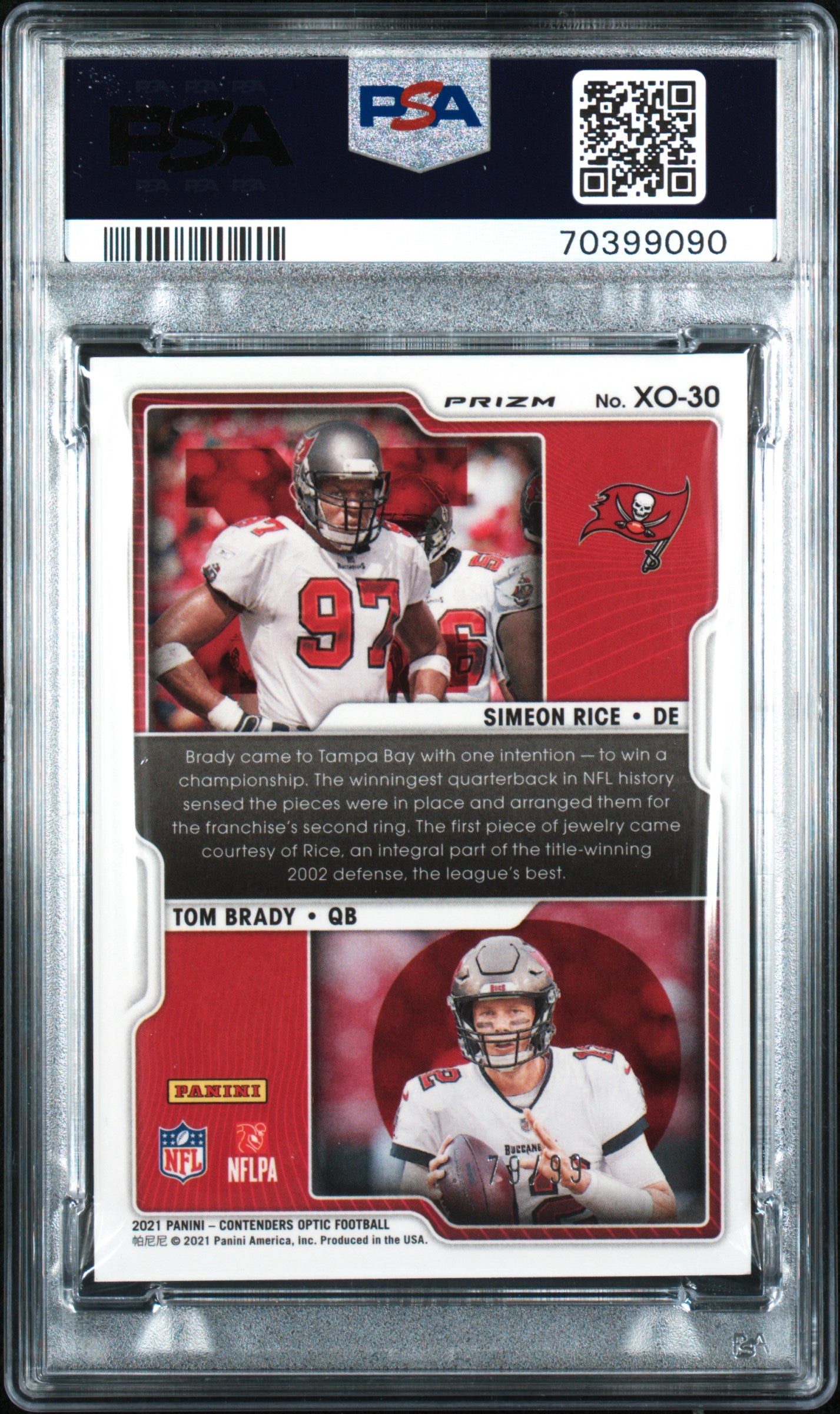 2021 Panini Contenders Optic X'S And O's Tom Brady Simeon Rice #/99 Blue PSA 9