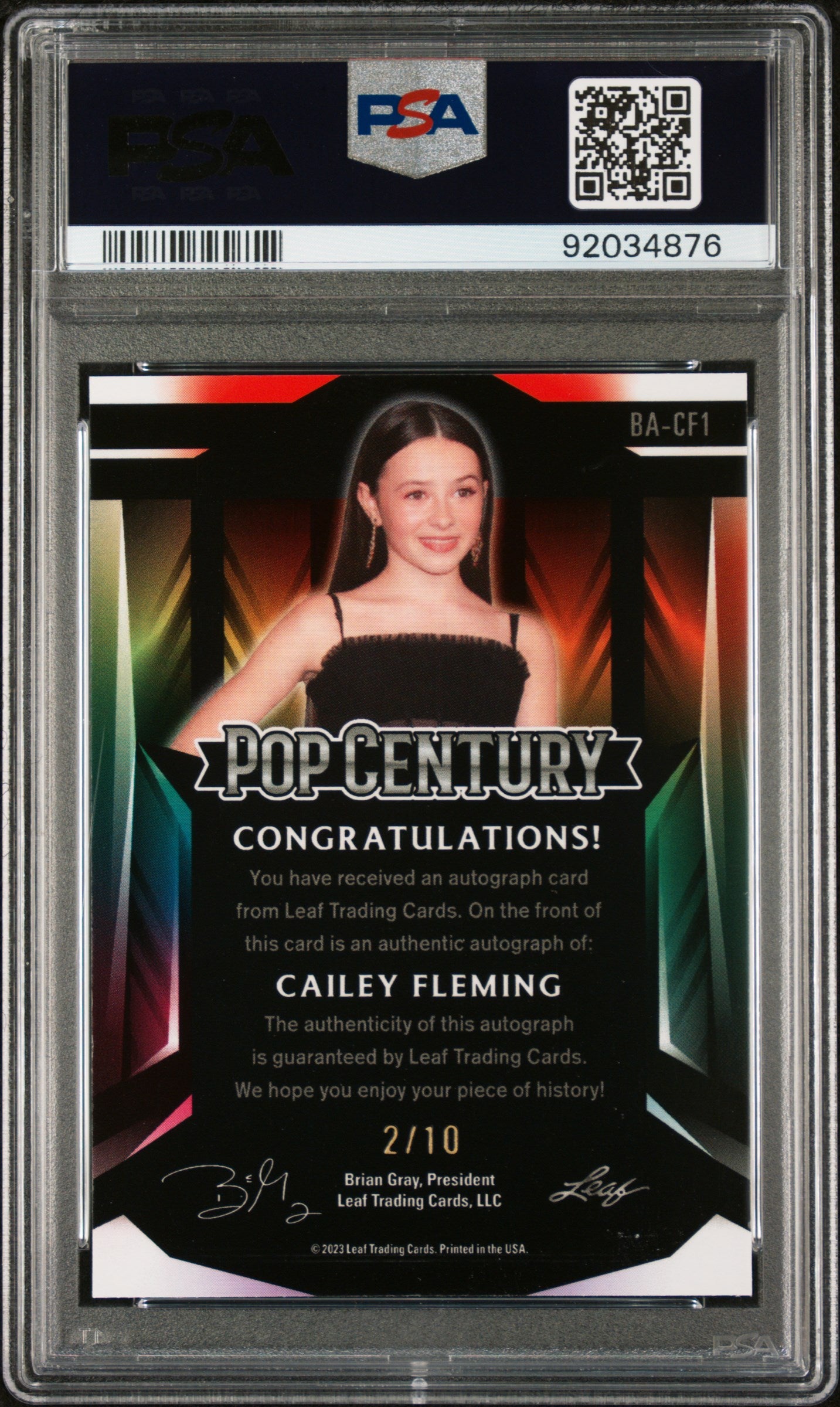 Cailey Fleming 2023 Leaf Metal Pop Century AUTO #2/10 Black Crystal PSA 10