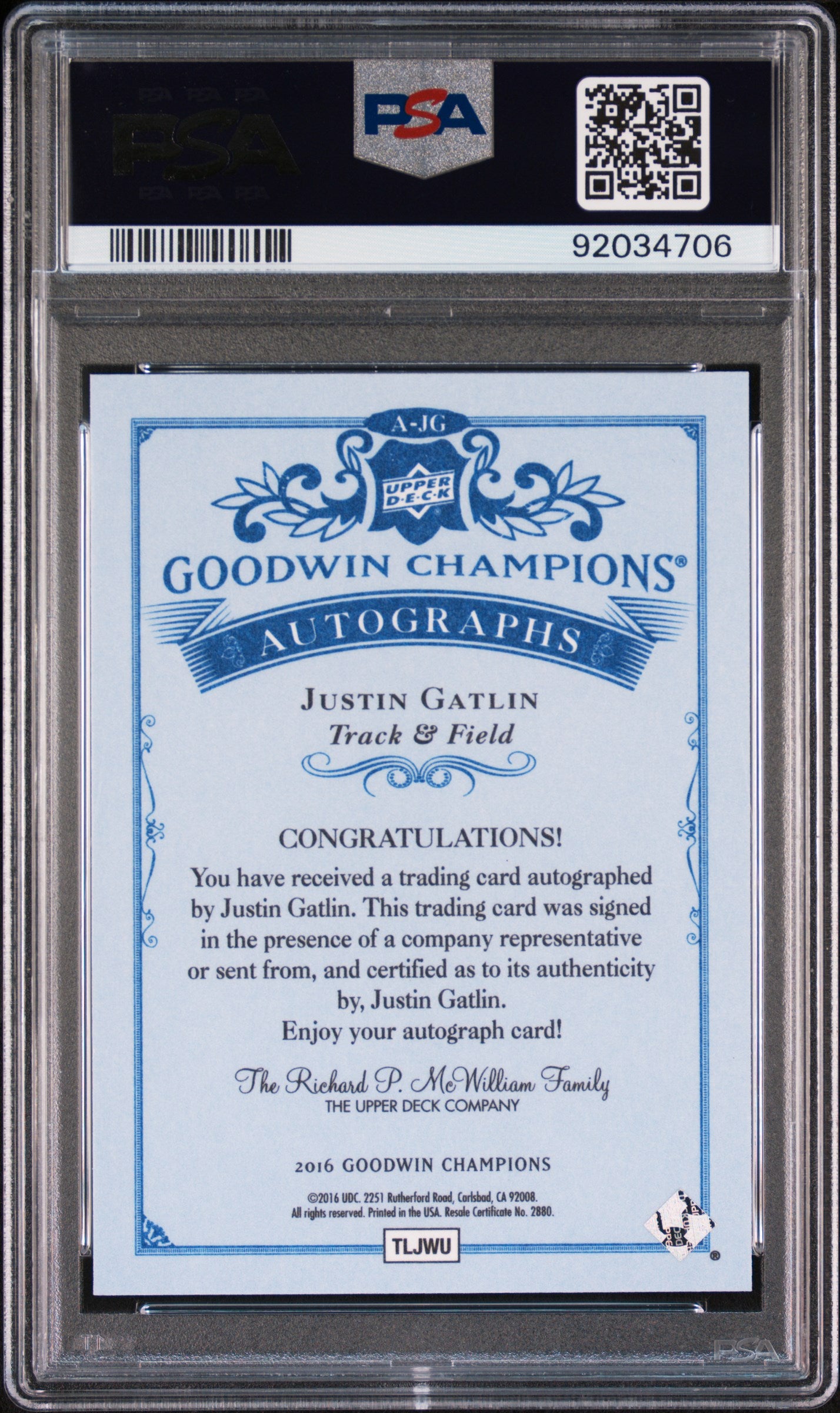 2016 Upper Deck Goodwin Champions Autograph Justin Gatlin AUTO PSA 10