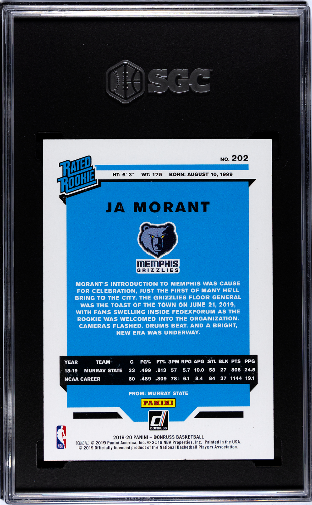 2019-20 Donruss Ja Morant #202 Holo Yellow Laser SGC 9 /25 pop 1