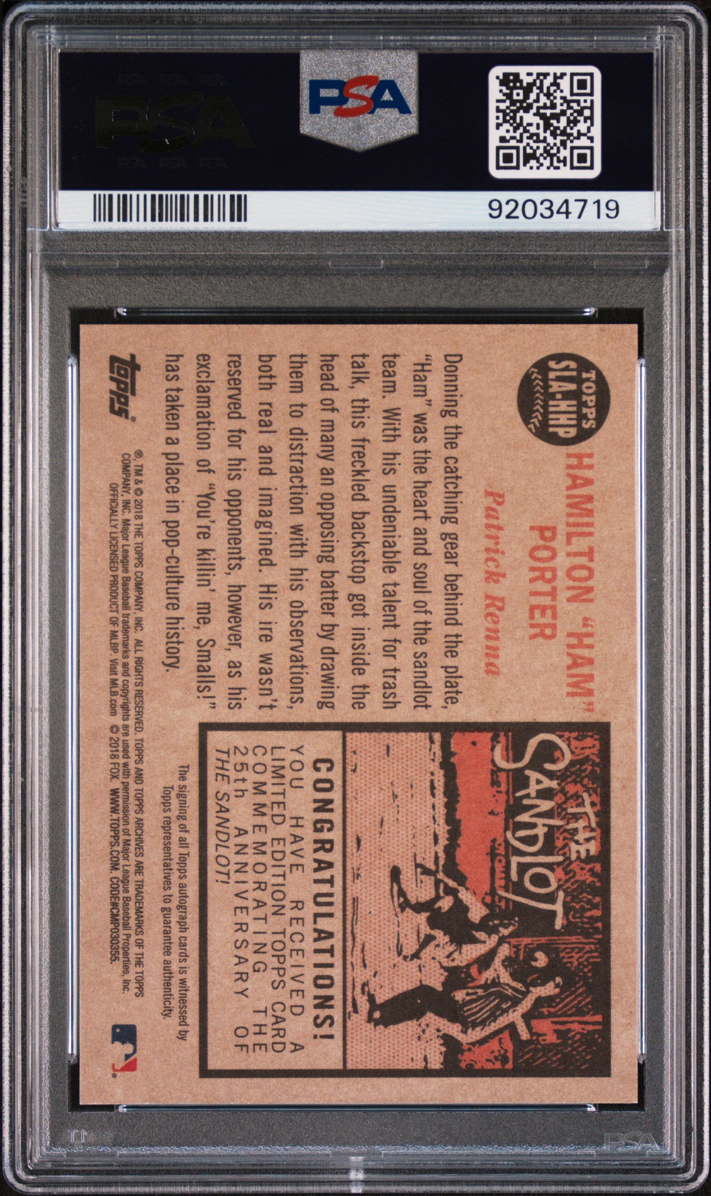 2018 Topps Archives The Sandlot Patrick Renna #HHP Autograph PSA 10 POP 5