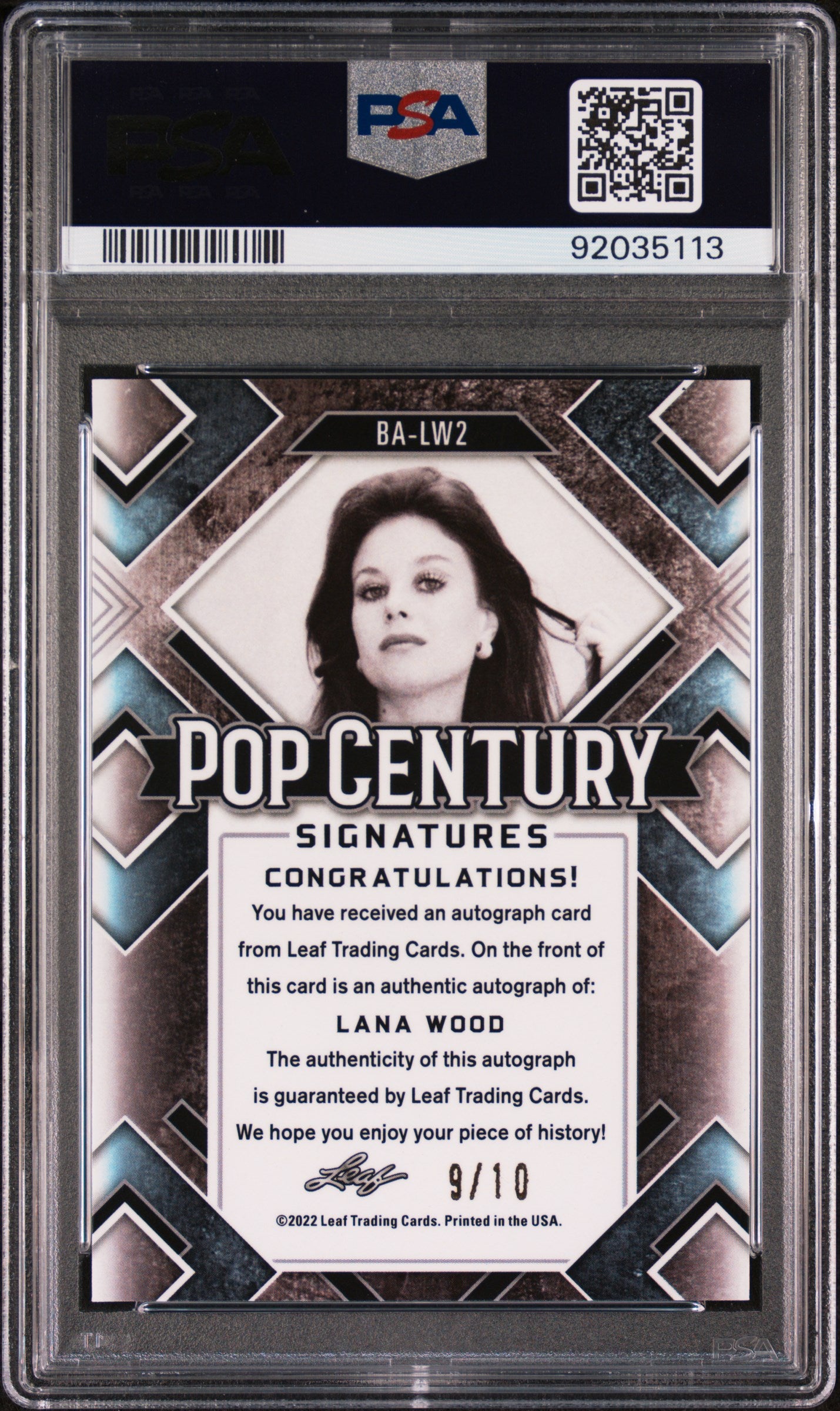 Lana Wood 2022 Leaf Metal Pop Century Autographs Auto PURPLE #9/10 PSA 9