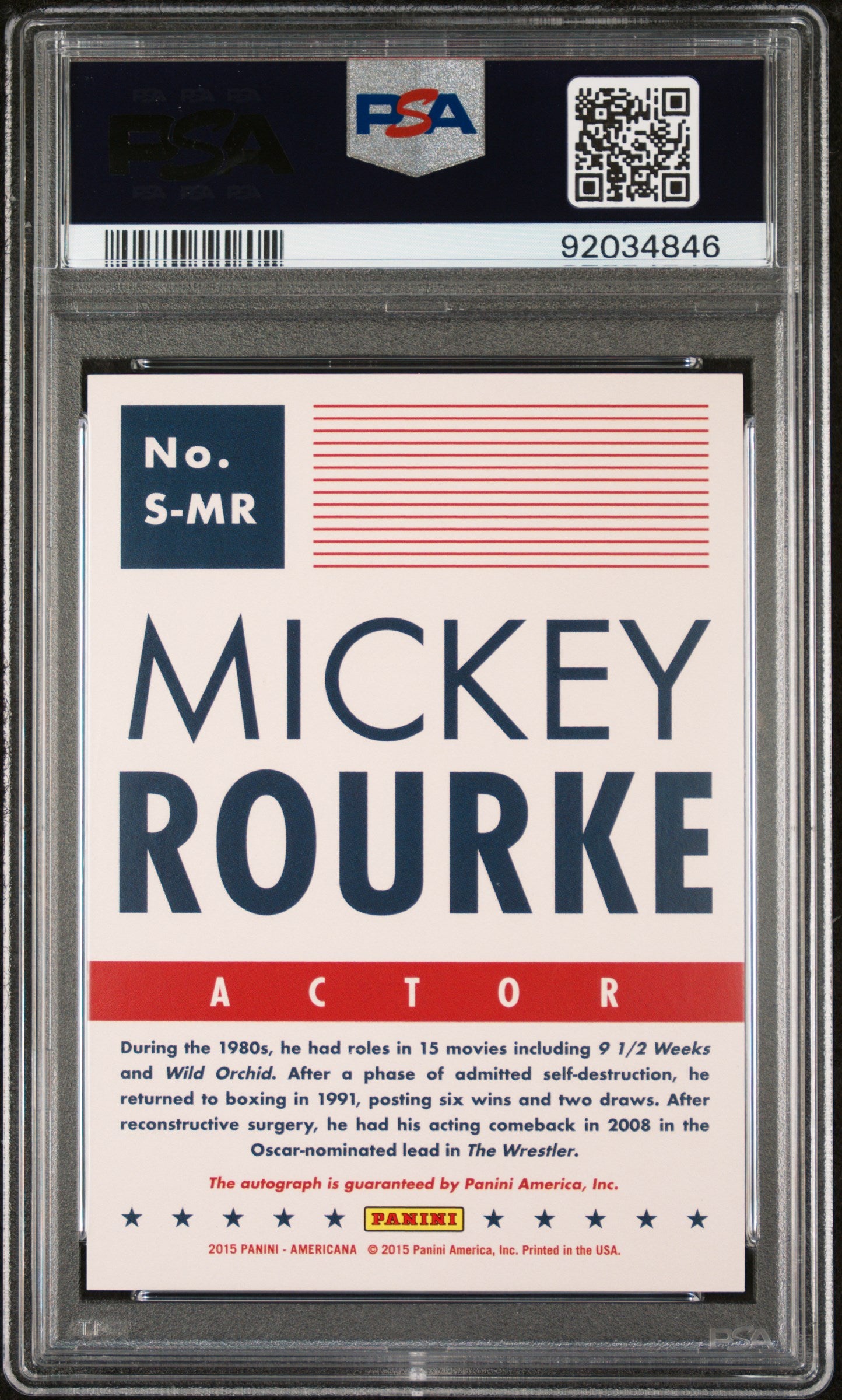 Mickey Rourke 2015 Panini Americana Signatures AUTO #19/25 POP 1 Green PSA 10