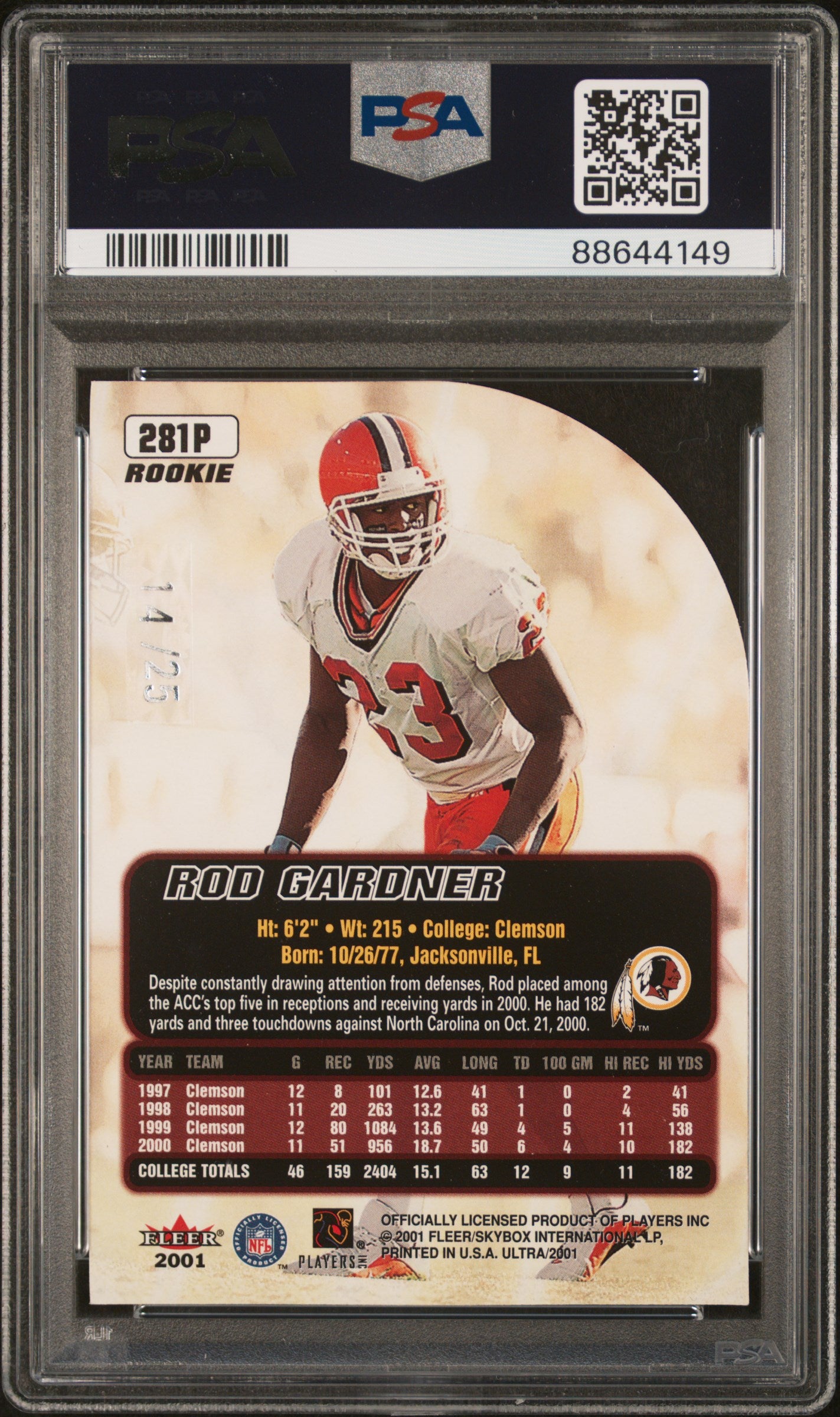 2001 Ultra Rod Gardner #281P Platinum Medallion #14/25 Clemson PSA 8 POP 1