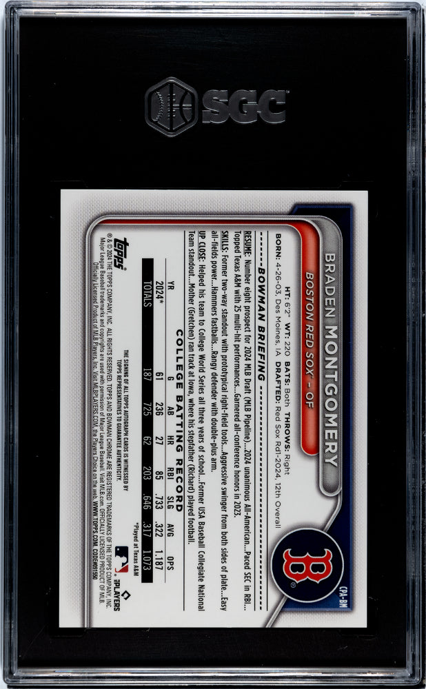 2024 Bowman Draft Braden Montgomery Pros. Auto Blue Refractor SGC 9.5 POP 2 /150