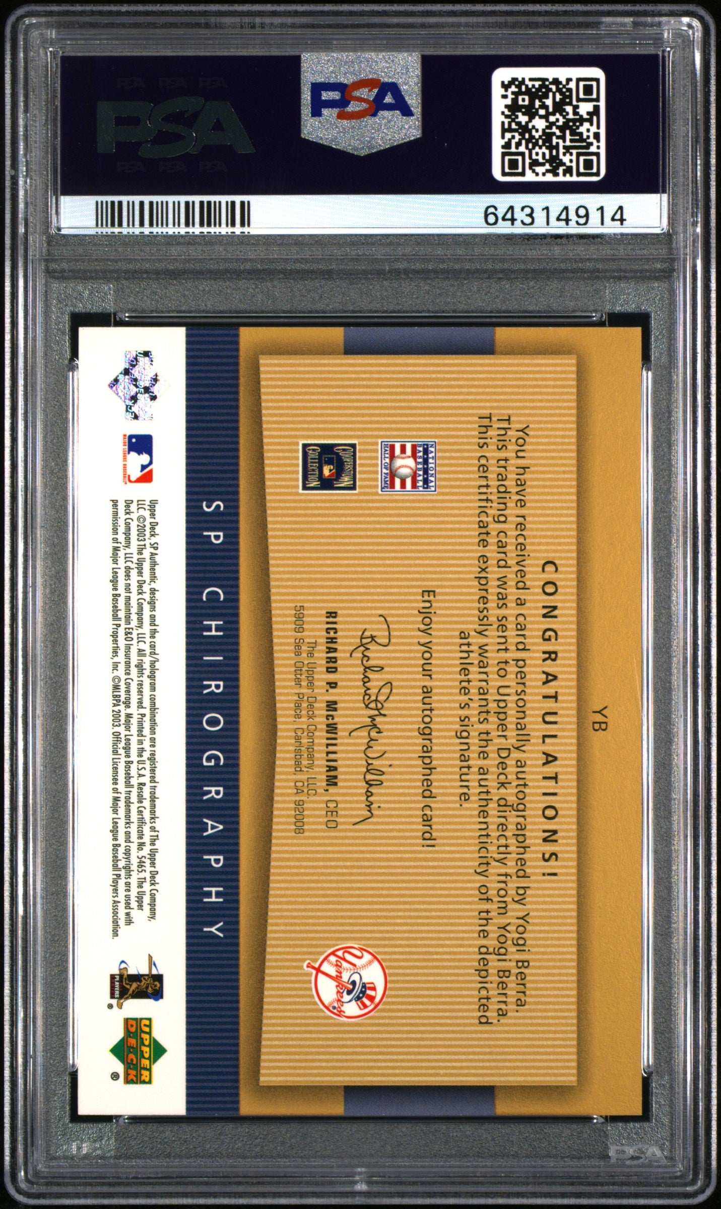 2003 SP Authentic Chirography Yogi Berra Gold #8/10 (Jersey Number) PSA 9 AUTO