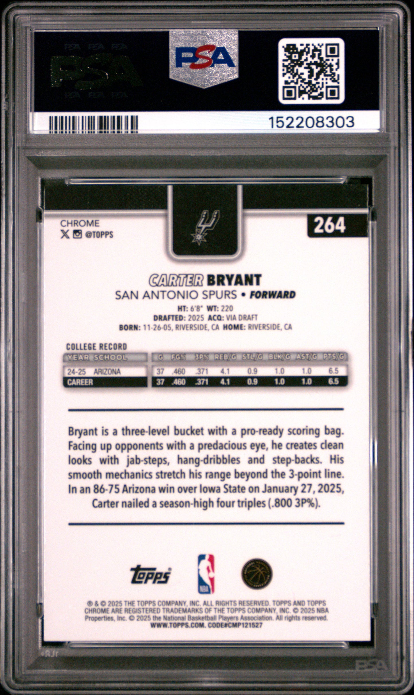 2025 Topps Chrome Carter Bryant #264 Teal Refractor #100/299 PSA 10 POP 1 Spurs
