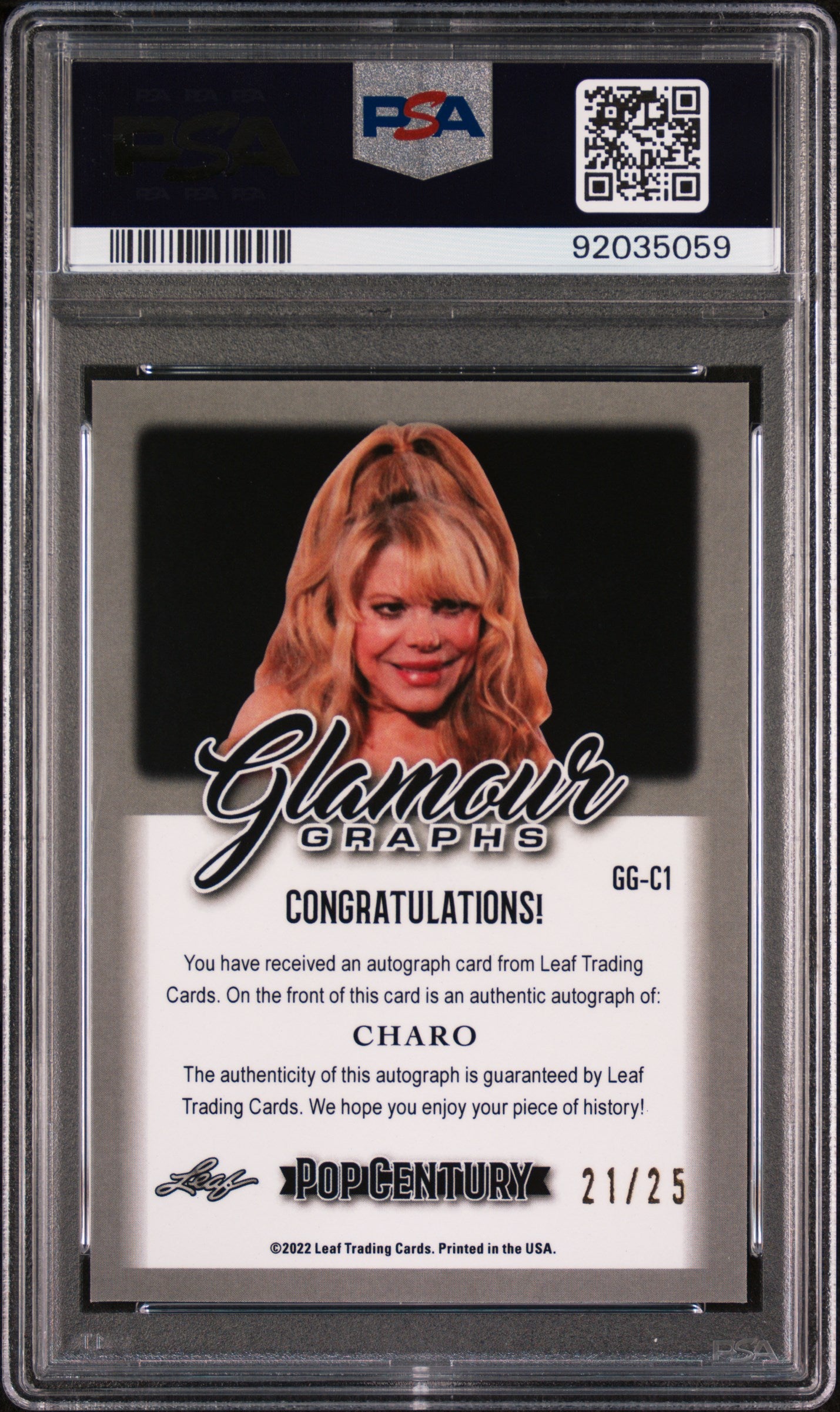 Charo 2022 Leaf Metal Pop Century Glamour Graphs AUTO #21/25 Blue Wave PSA 10