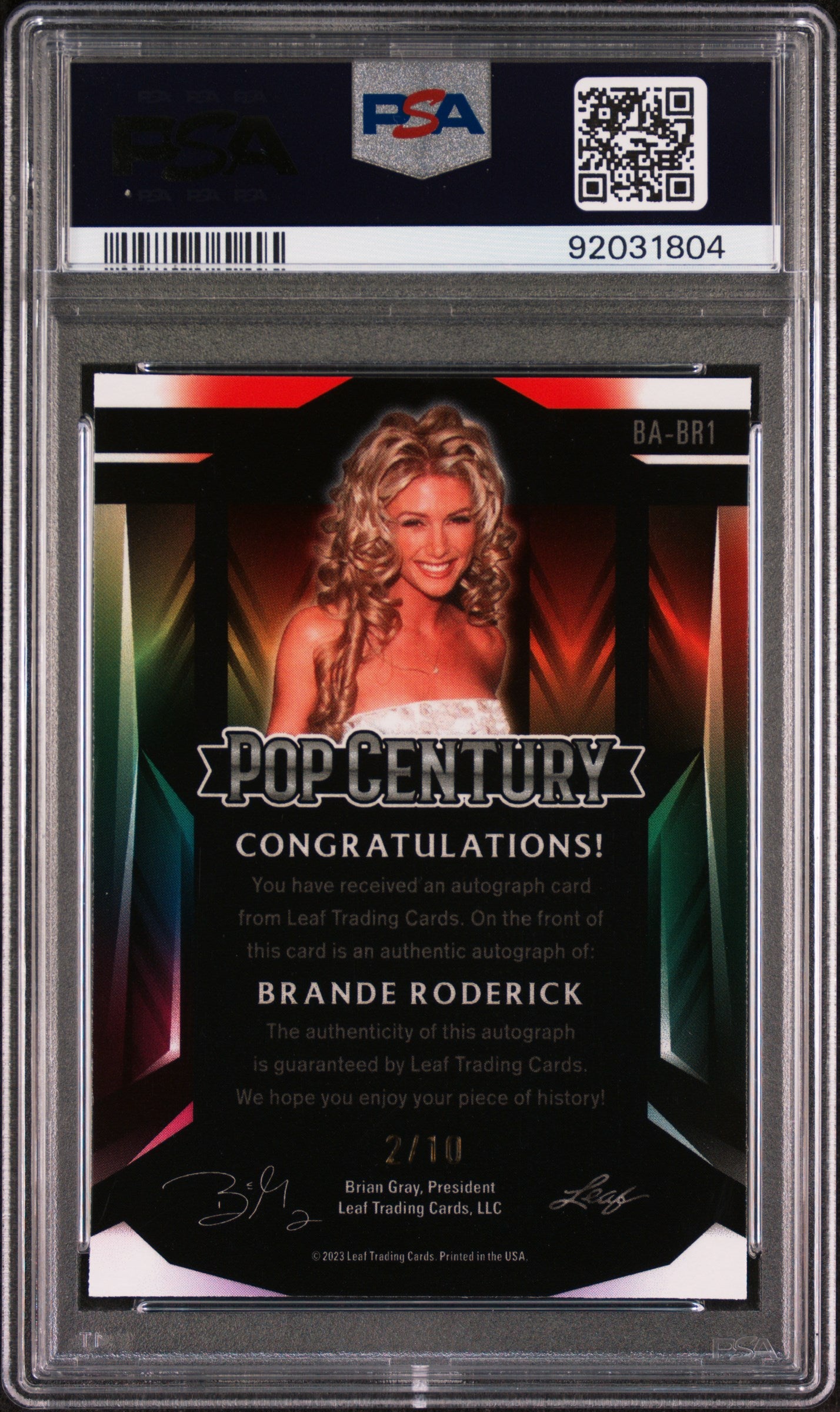 Brande Roderick 2023 Leaf Metal Pop Century Autograph AUTO #2/10 Green PSA 9