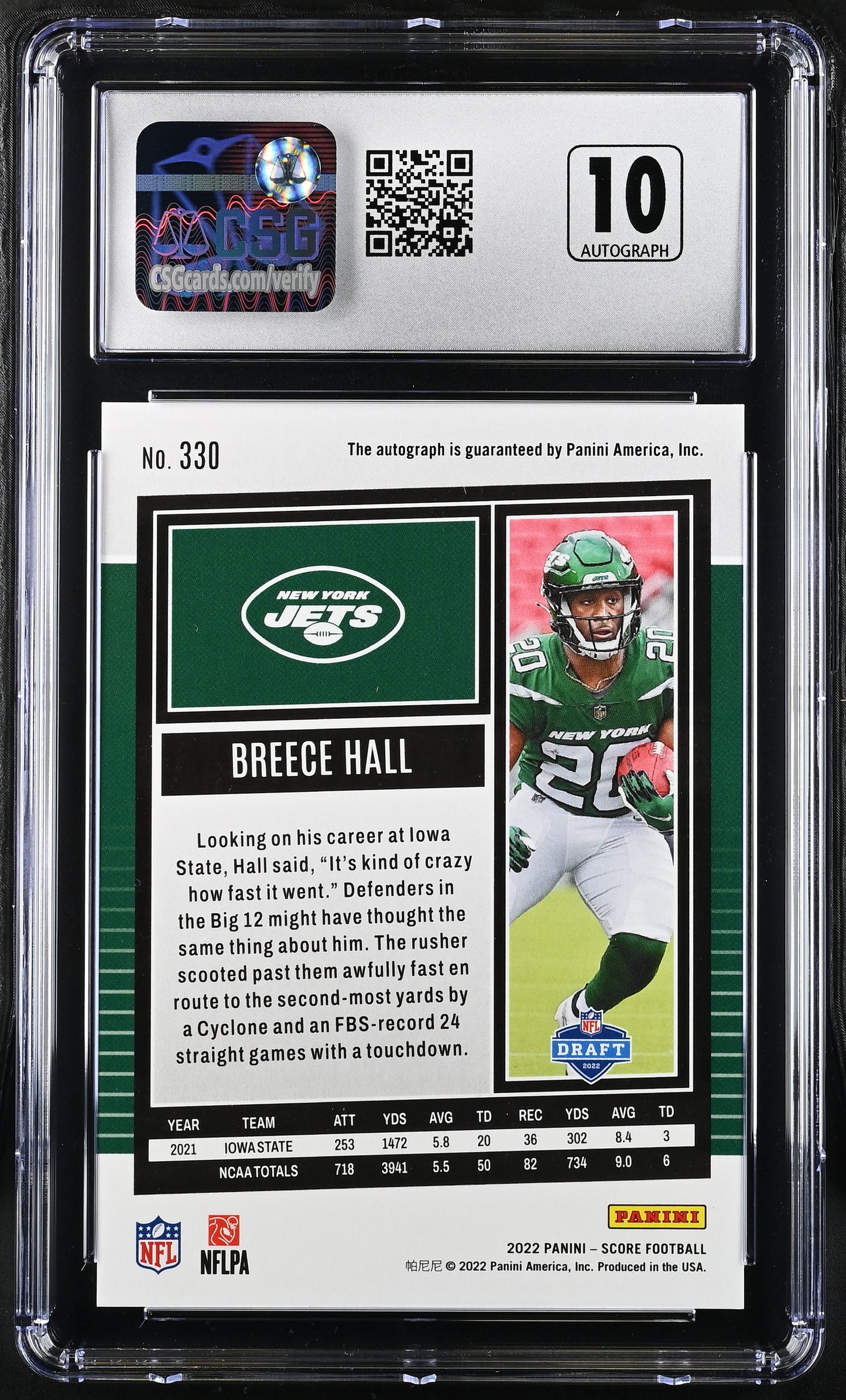 2022 Score Breece Hall #330 First Down Signatures CGC 9 auto  POP 1