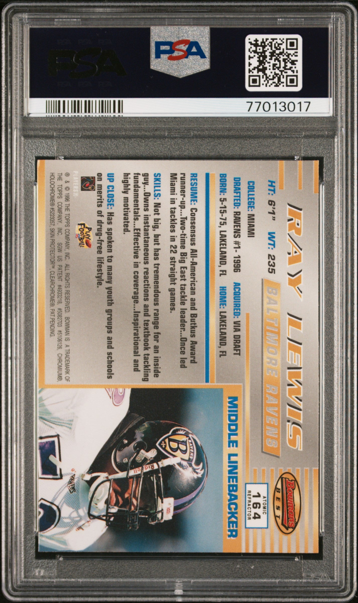 1996 Bowman's Best Ray Lewis #164 Atomic Refractor PSA 8