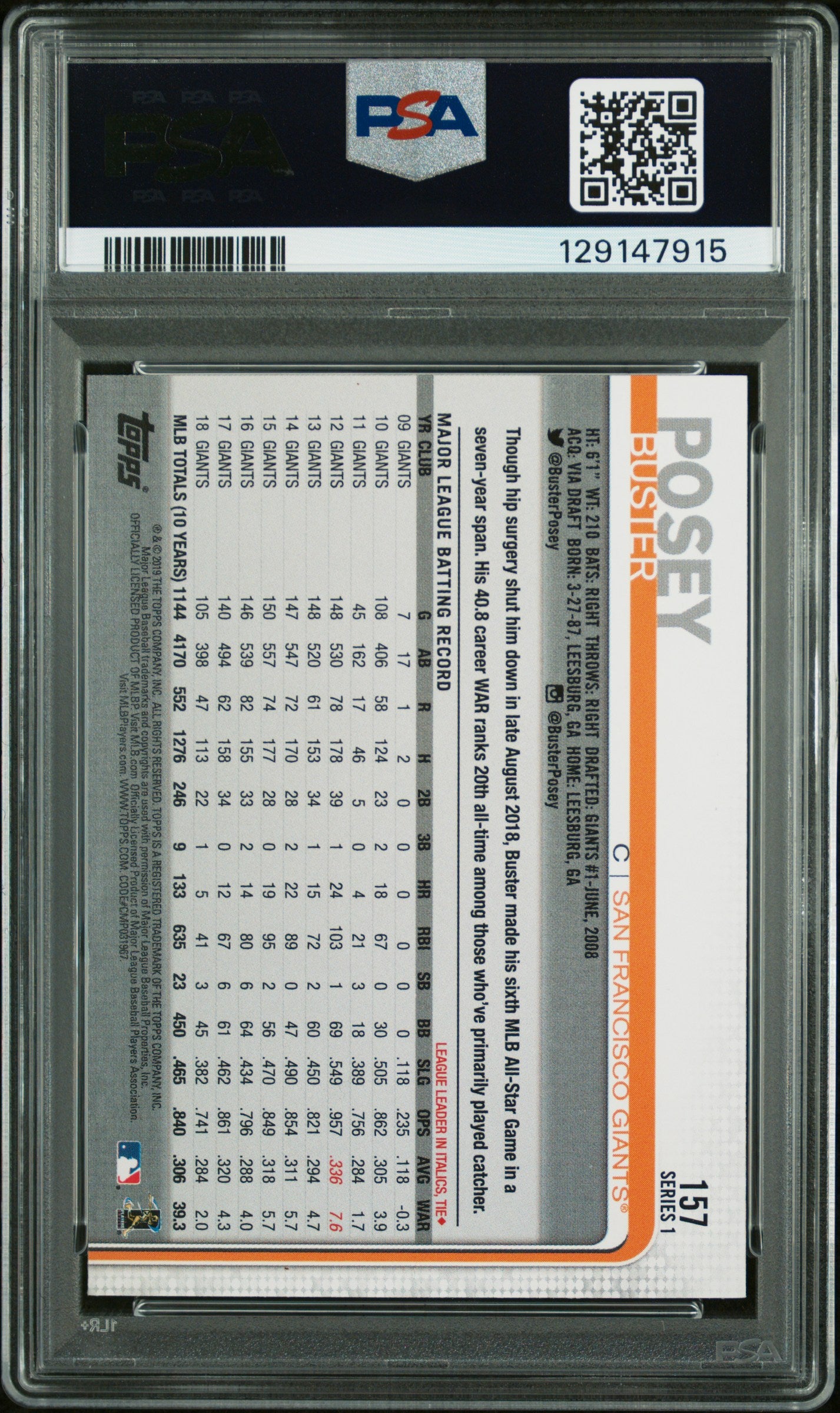 2019 Topps Buster Posey #157 SP Image Variation USA Stars & Stripes Gear PSA 10