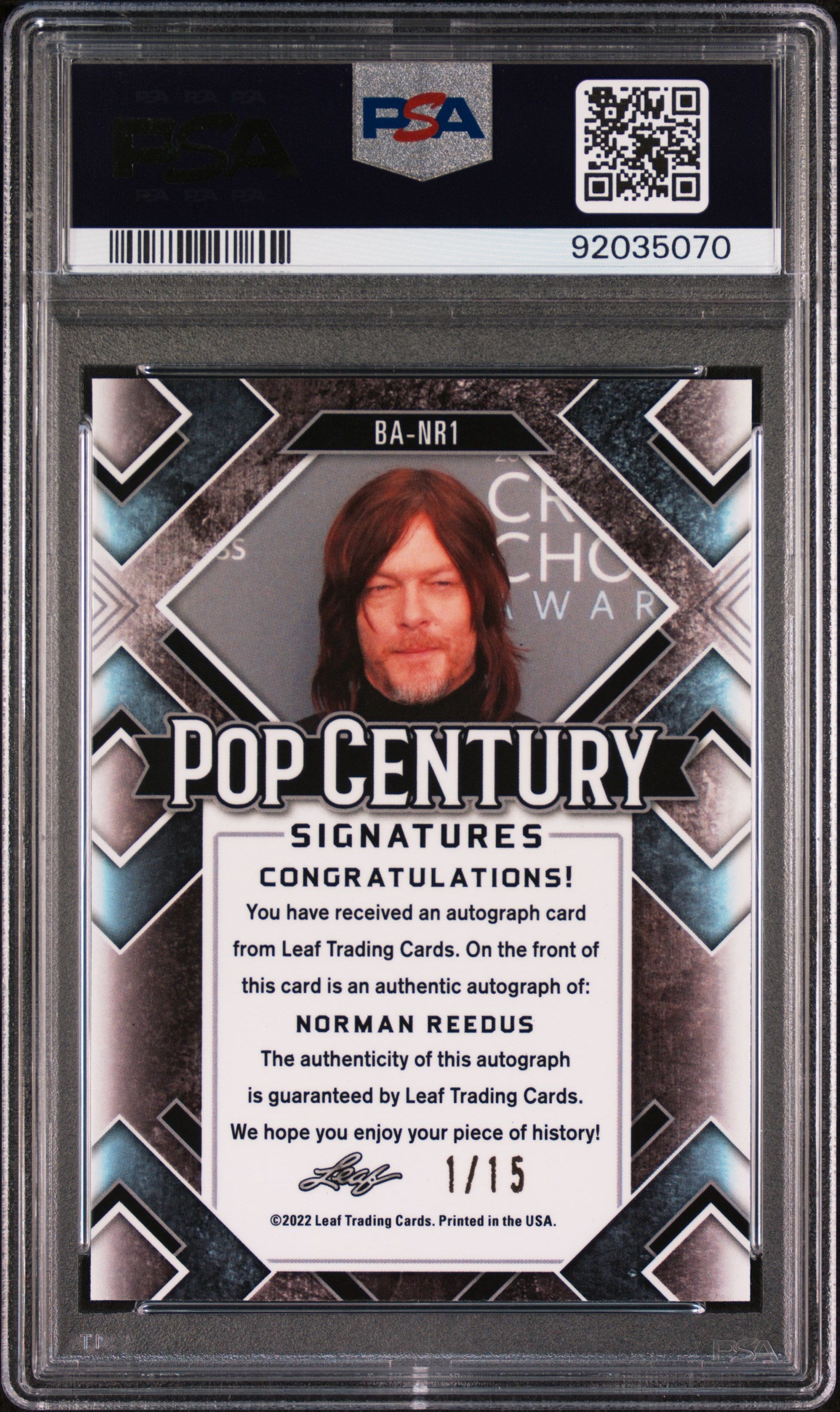 Norman Reedus 2022 Leaf Metal Pop Century #1/15 Auto Black Prismatic PSA 10