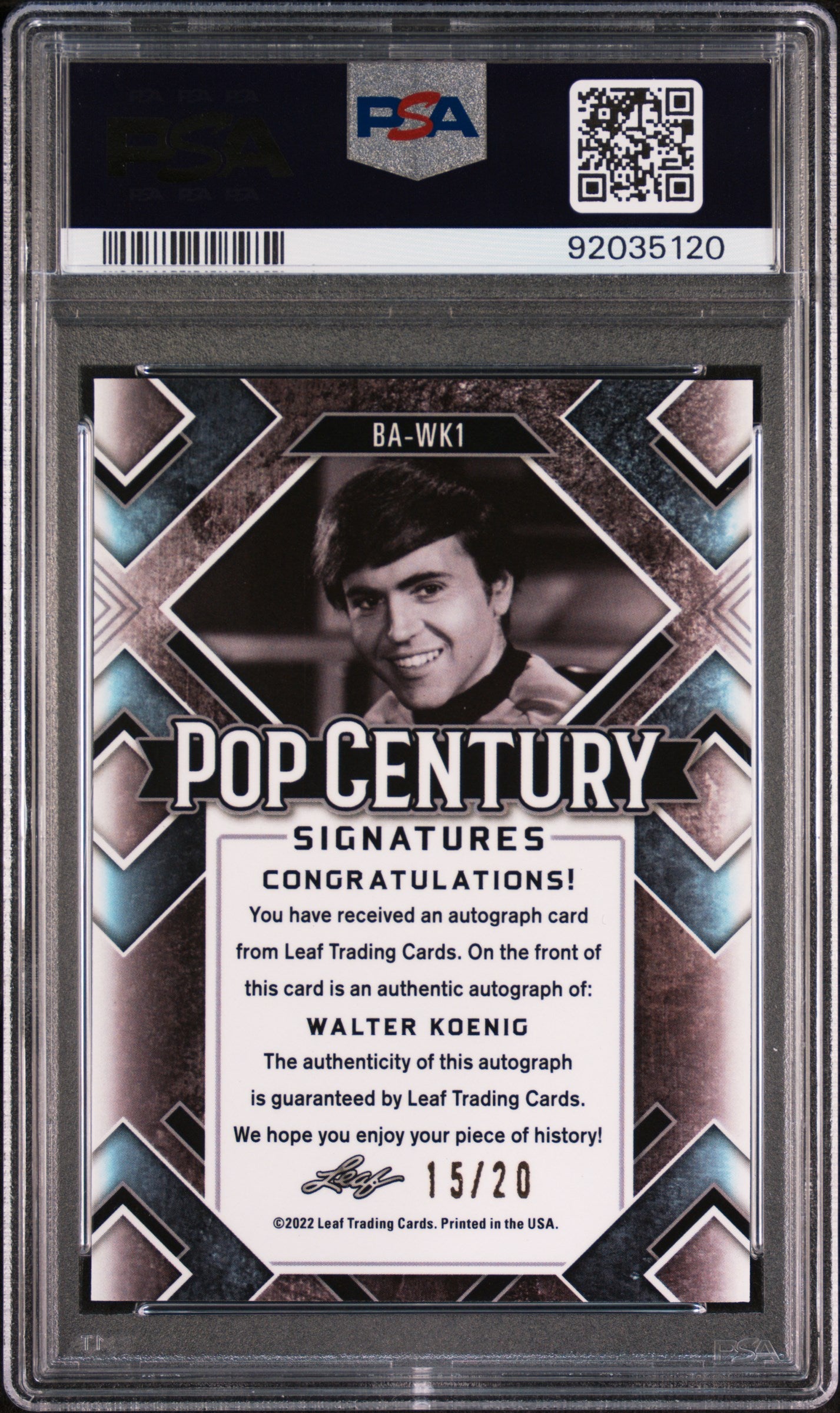 Walter Koenig 2022 Leaf Metal Pop Century Autograph AUTO #15/20 Blue PSA 9