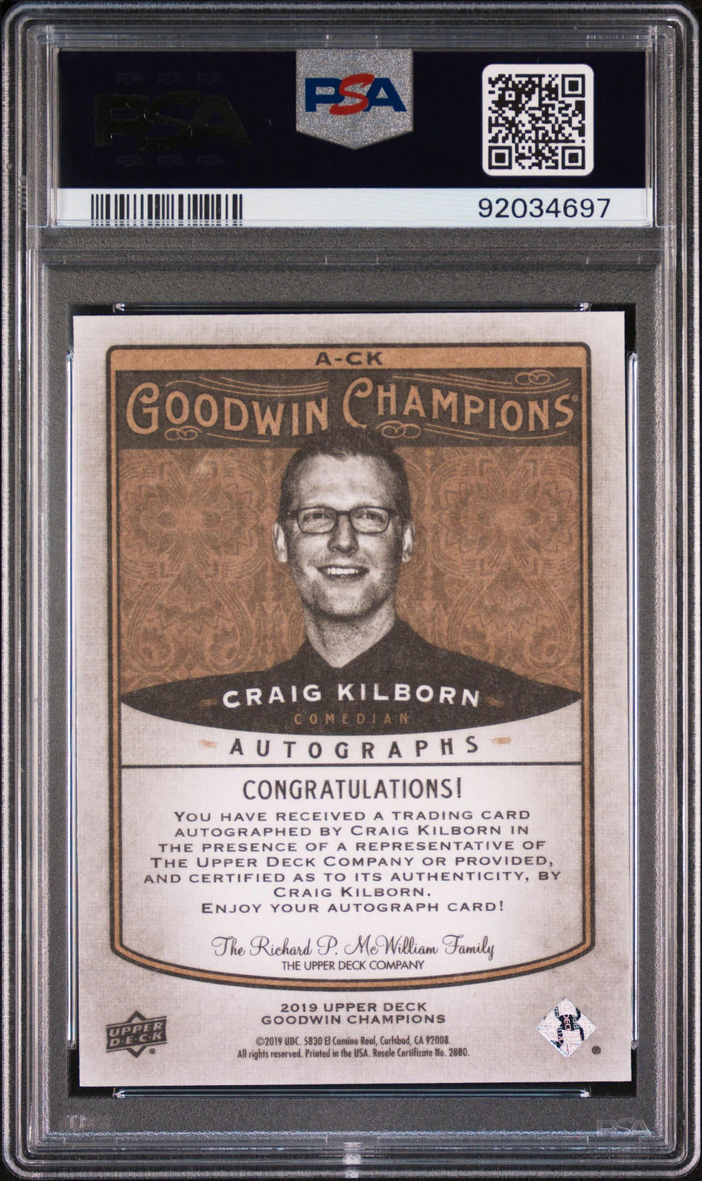 2019 Upper Deck Goodwin Champions Autograph Craig Kilborn #A-CK AUTO PSA 10