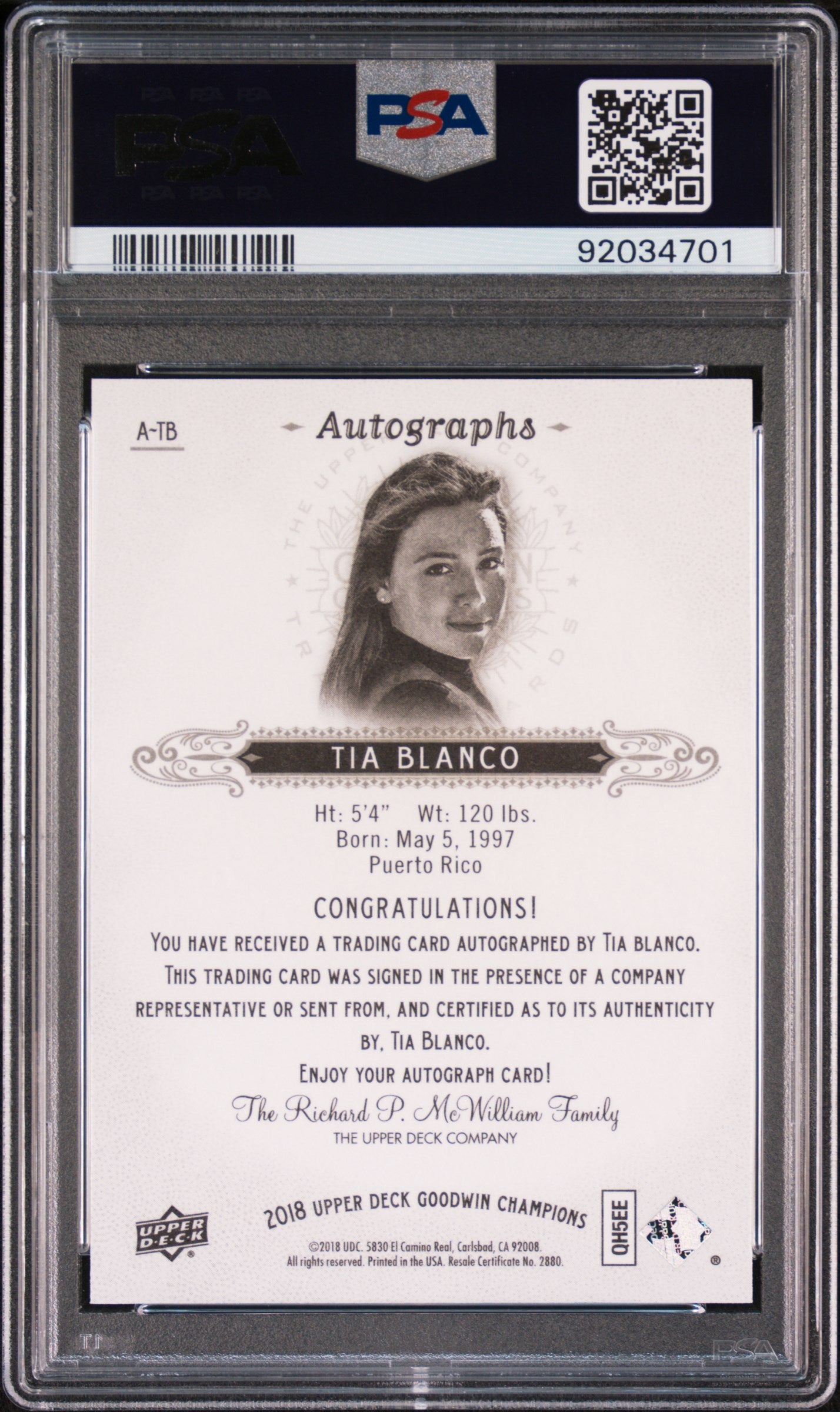 2018 Upper Deck Goodwin Champions Tia Blanco #ATB AUTO PSA 10