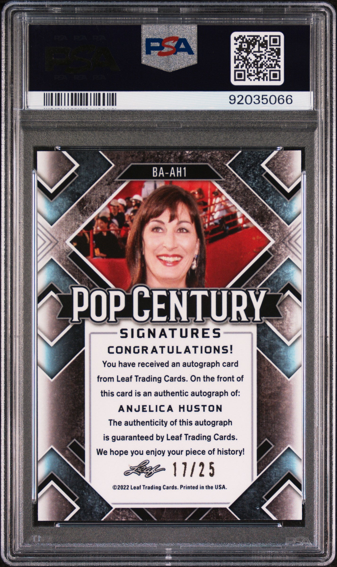 Anjelica Huston 2022 Leaf Metal Pop Century #17/25 Auto Silver Prismatic PSA 10