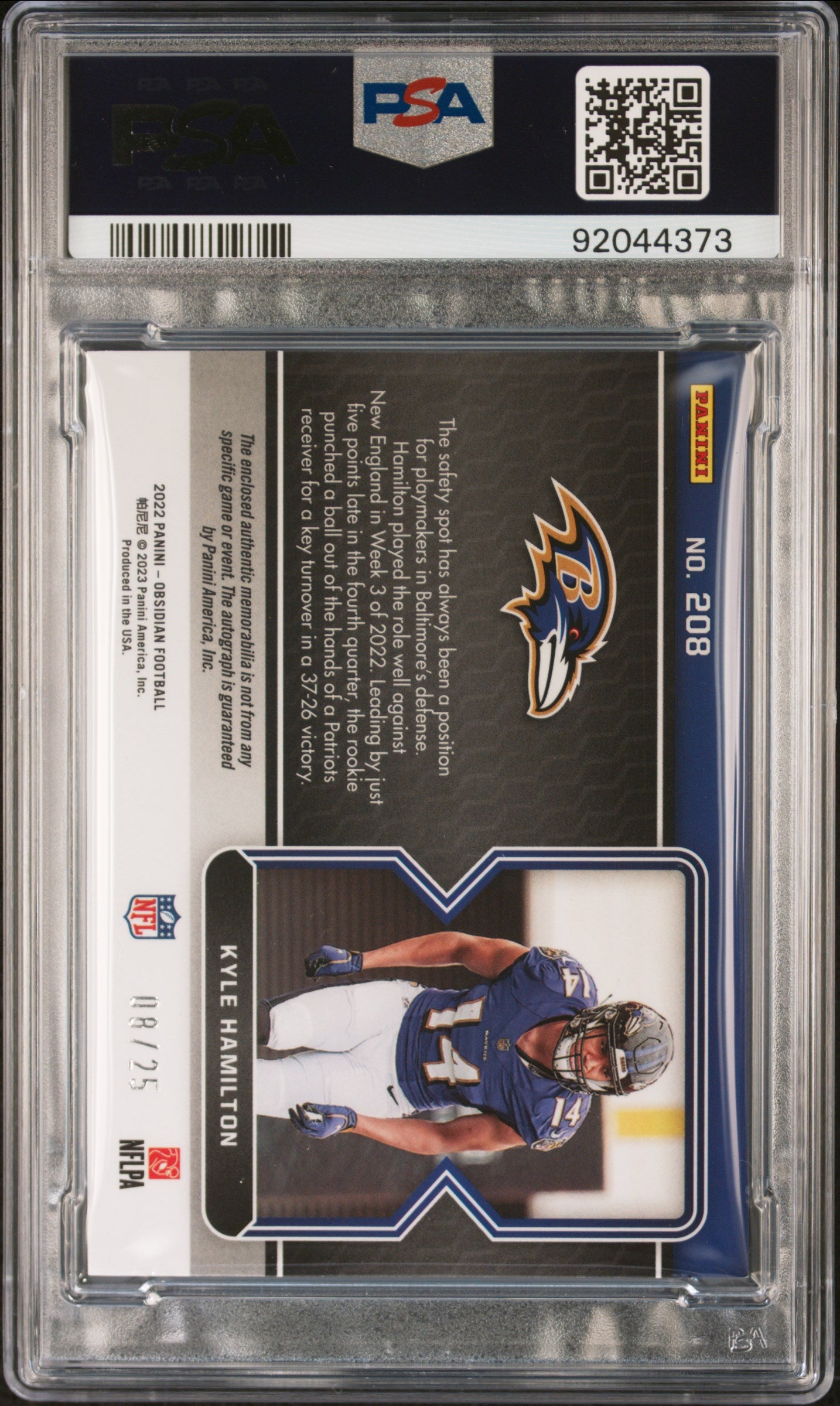 2022 Panini Obsidian Kyle Hamilton #8/25 Jersey Auto Etch Yellow PSA 9