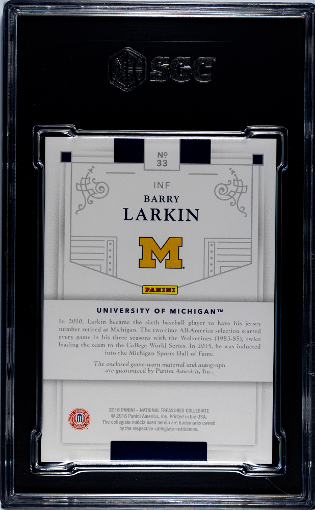 2016 National Treasures Collegiate Barry Larkin #33 Mat. Sigs. SGC 8.5 /25 POP 1
