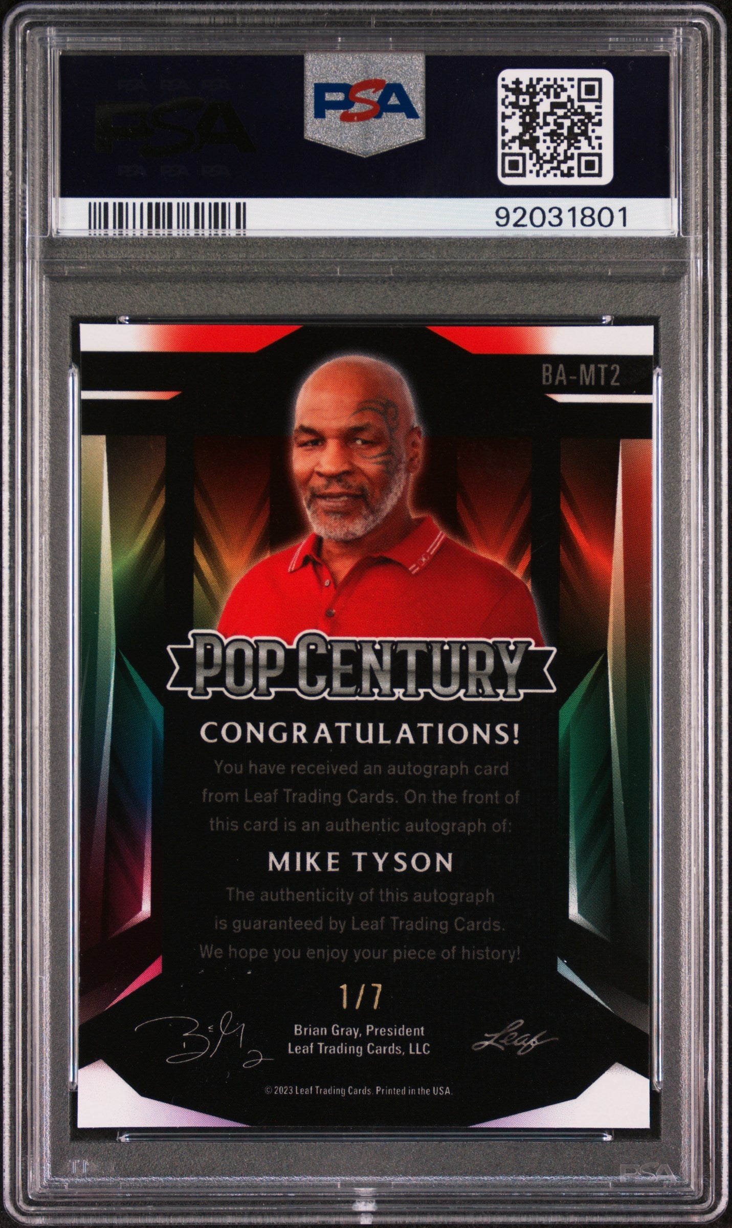 Mike Tyson 2023 Leaf Metal Pop Century Autograph AUTO #1/7 Pink Wave PSA 10