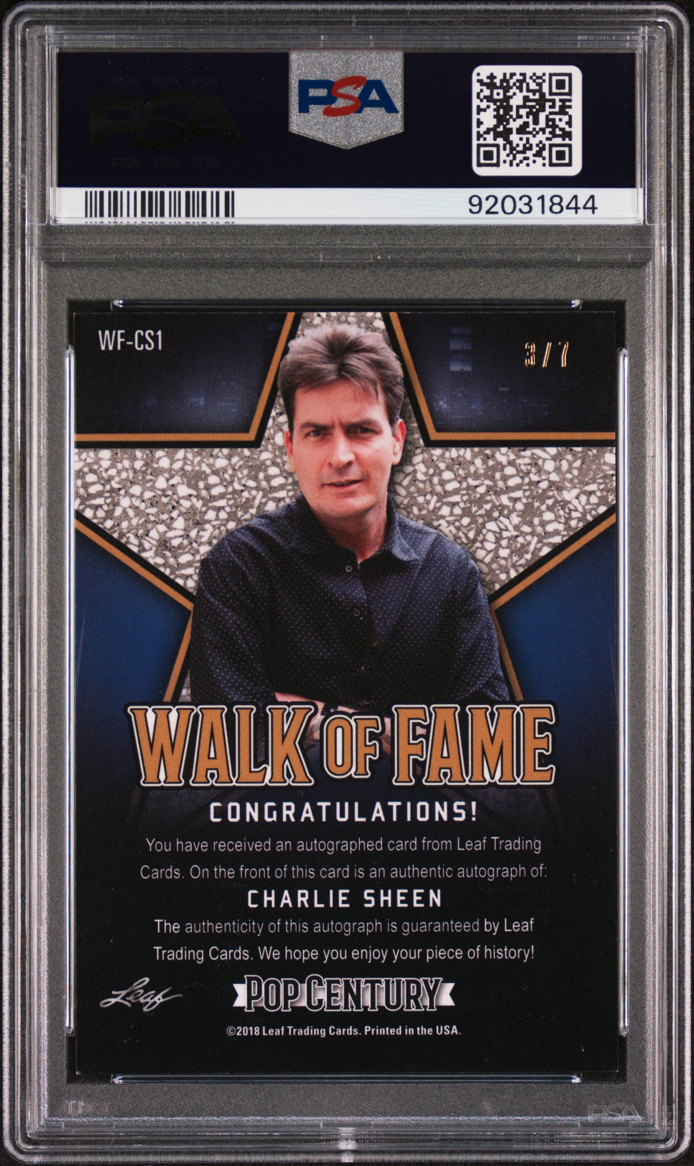 Charlie Sheen 2018 Leaf Pop Century Metal Walk Of Fame AUTO #3/7 Black PSA 9