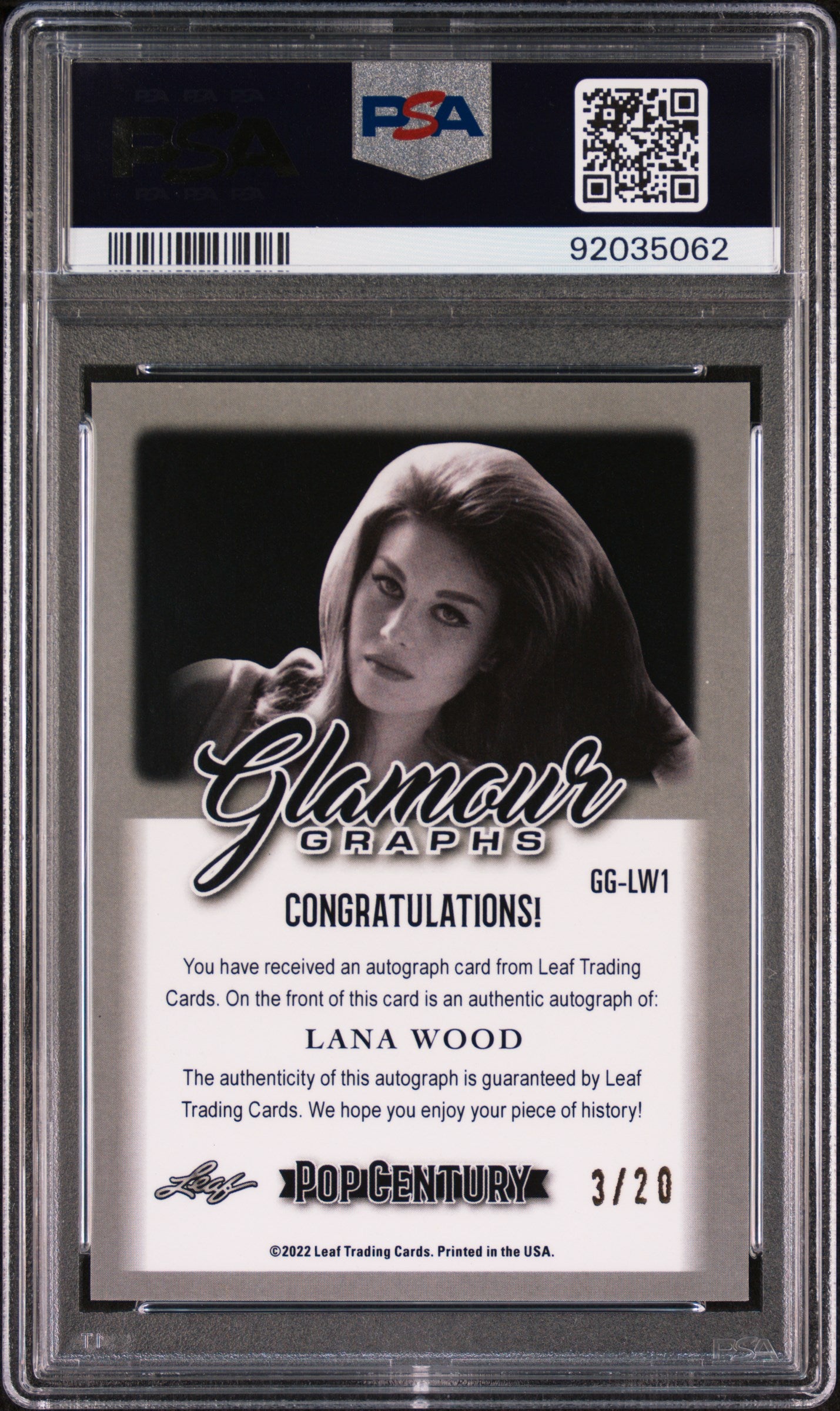 Lana Wood 2022 Leaf Metal Pop Century Glamour Graphs AUTO Blue #3/20 PSA 9