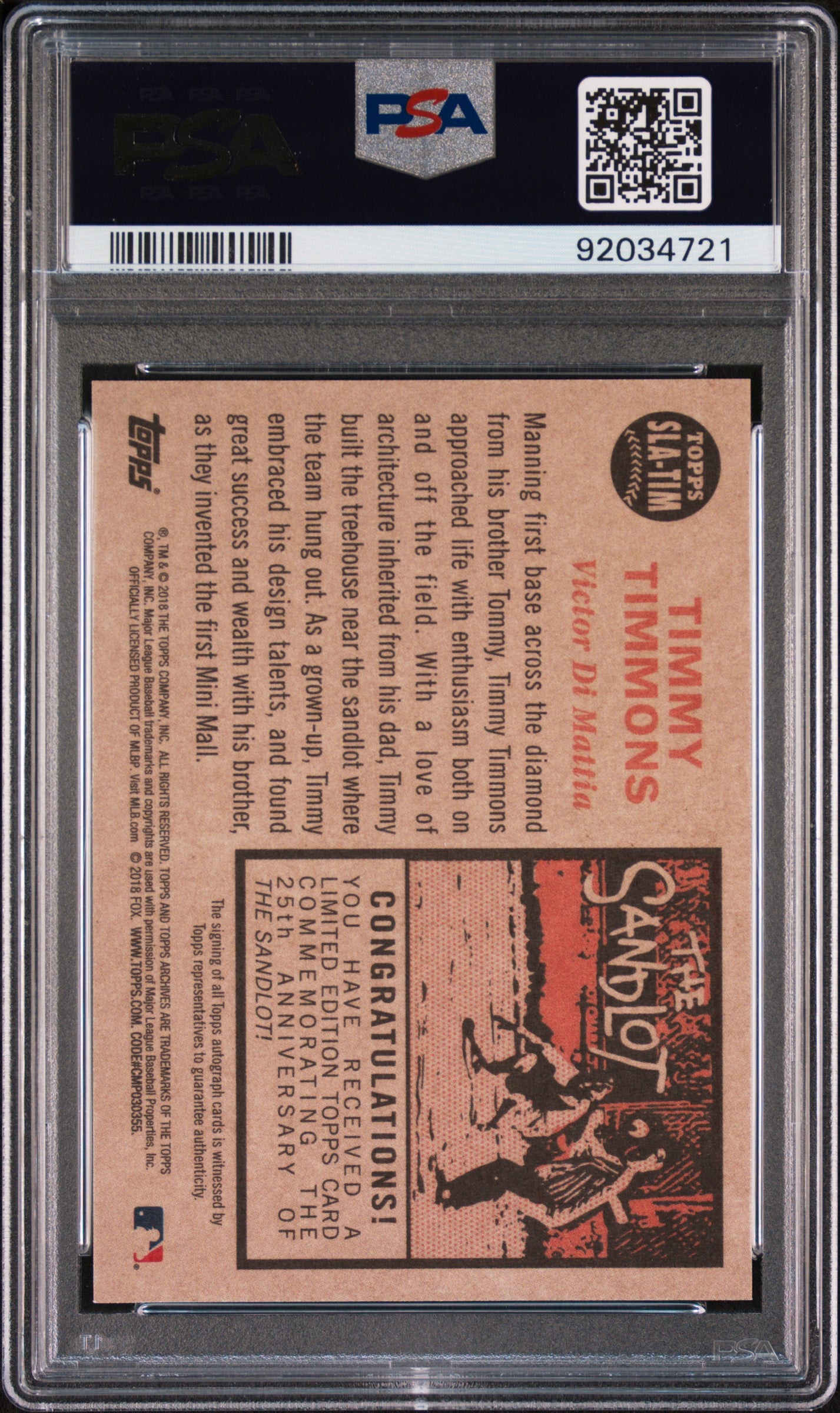 2018 Topps Archives The Sandlot Victor Dimattia #TIM Autograph PSA 9