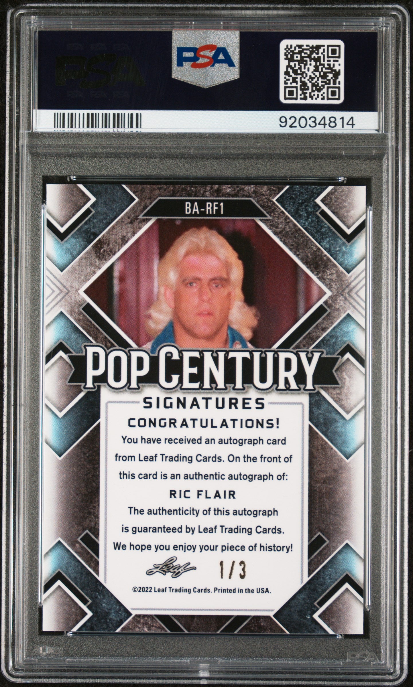 Ric Flair 2022 Leaf Metal Pop Century Autographs Auto #1/3 Zebra Crystal PSA 10