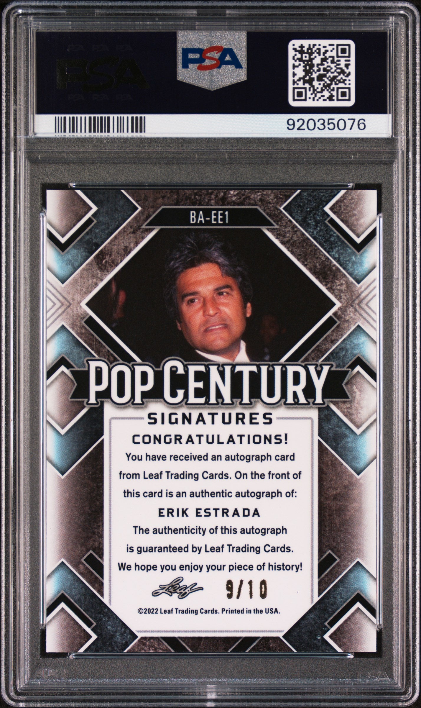 Erik Estrada 2022 Leaf Metal Pop Century Autograph AUTO #9/10 Silver Mojo PSA 9