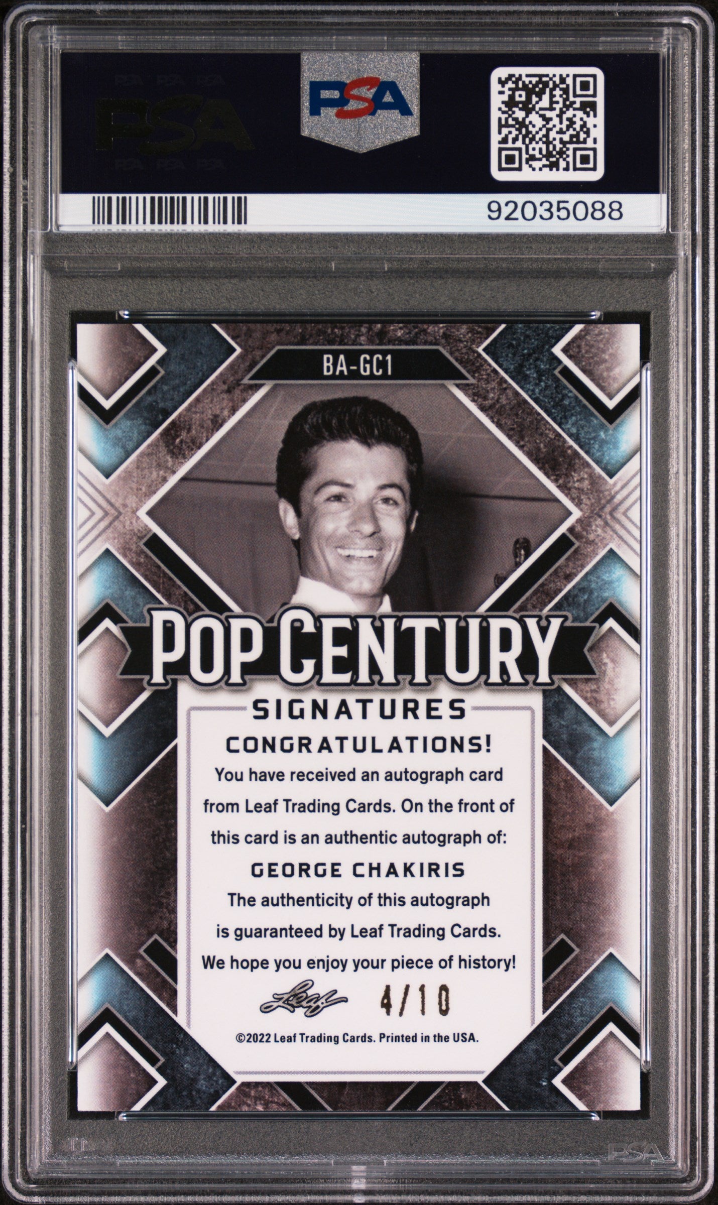 George Chakiris 2022 Leaf Metal Pop Century AUTO #4/10 Purple Mojo PSA 9