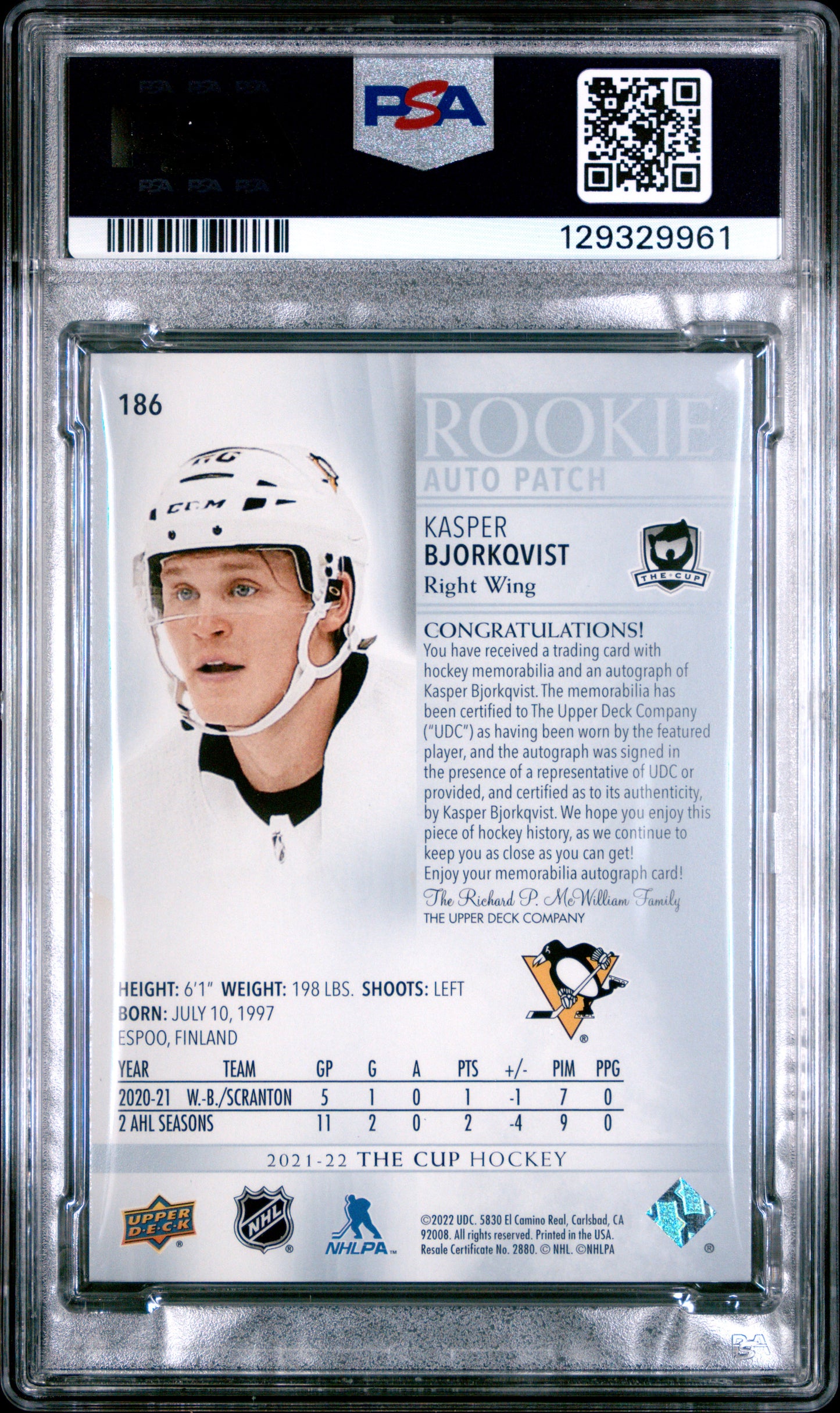 2021 Upper Deck The Cup Kasper Bjorkqvist #186 Auto Patch 098/249 PSA 9 POP 1
