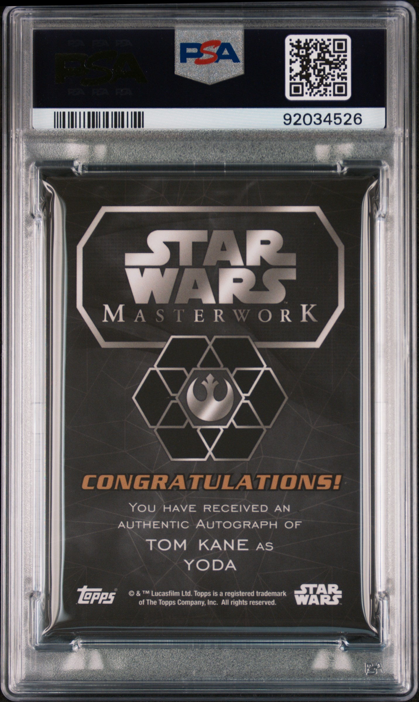 Tom Kane YODA 2016 Topps Star Wars Masterwork AUTO PSA 10