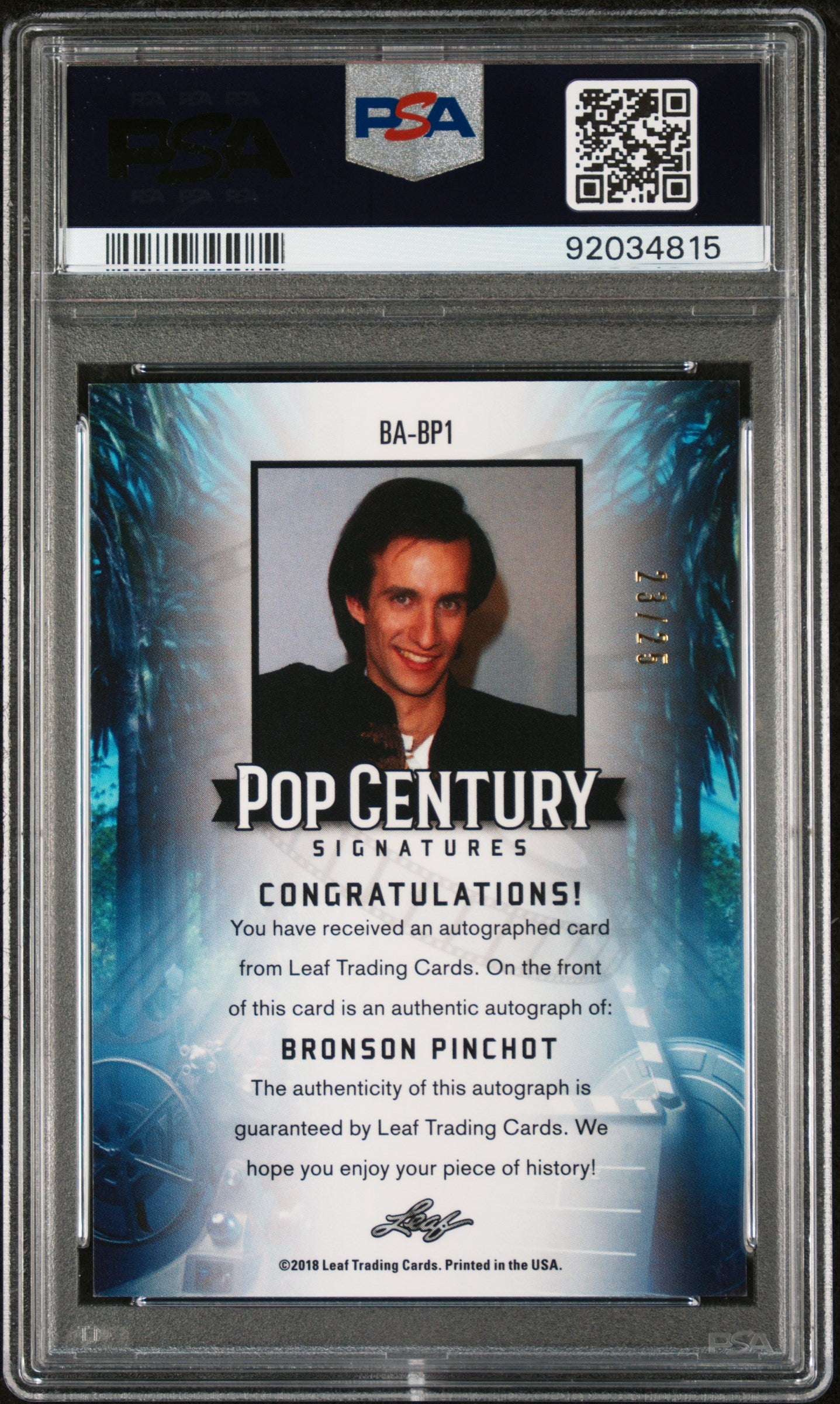 Bronson Pinchot 2018 Leaf Pop Century Metal Signatures AUTO #/25 Purple PSA 9