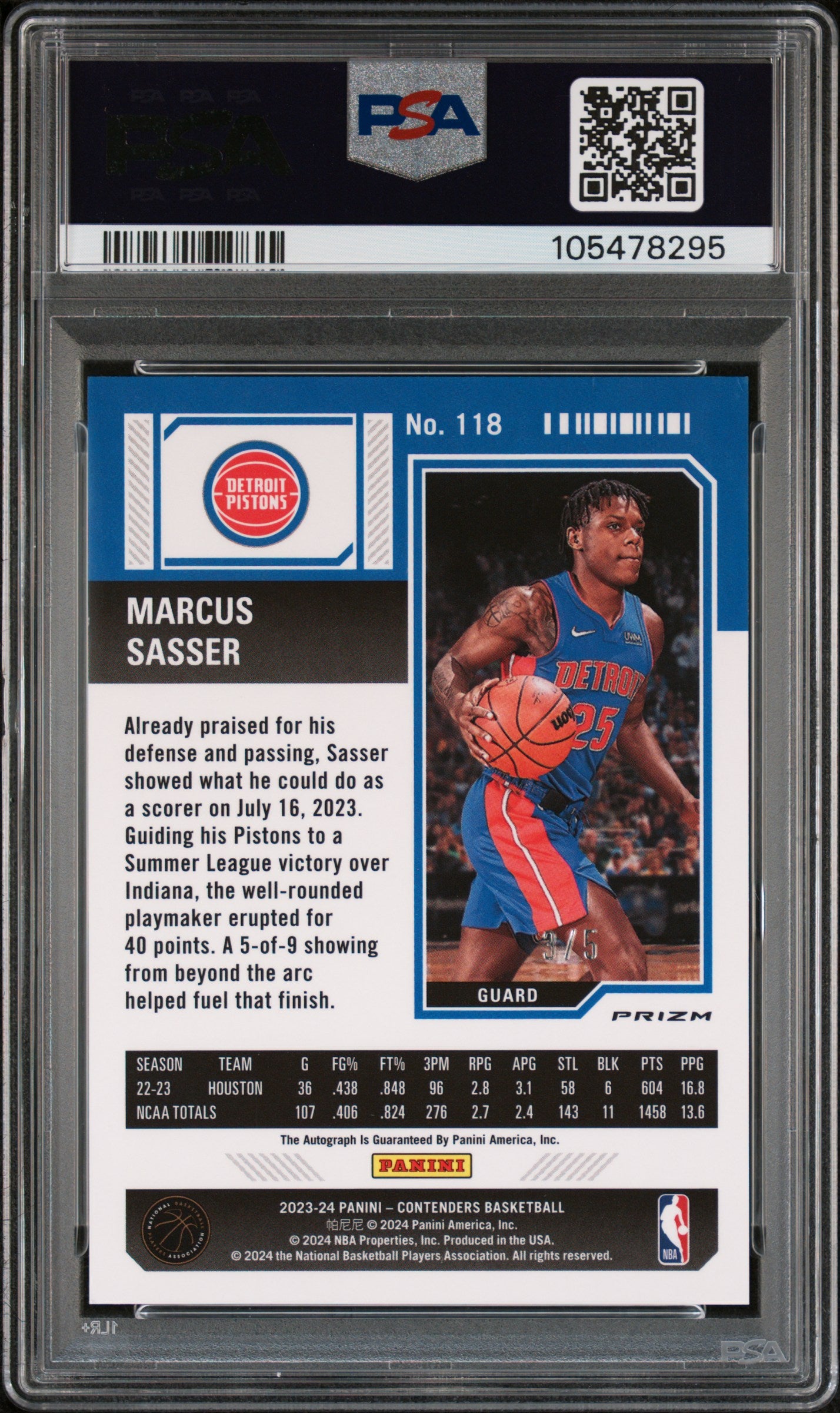 2023 Panini Contenders Marcus Sasser #118 Auto Prem Edition Red FOTL #3/5 PSA 8