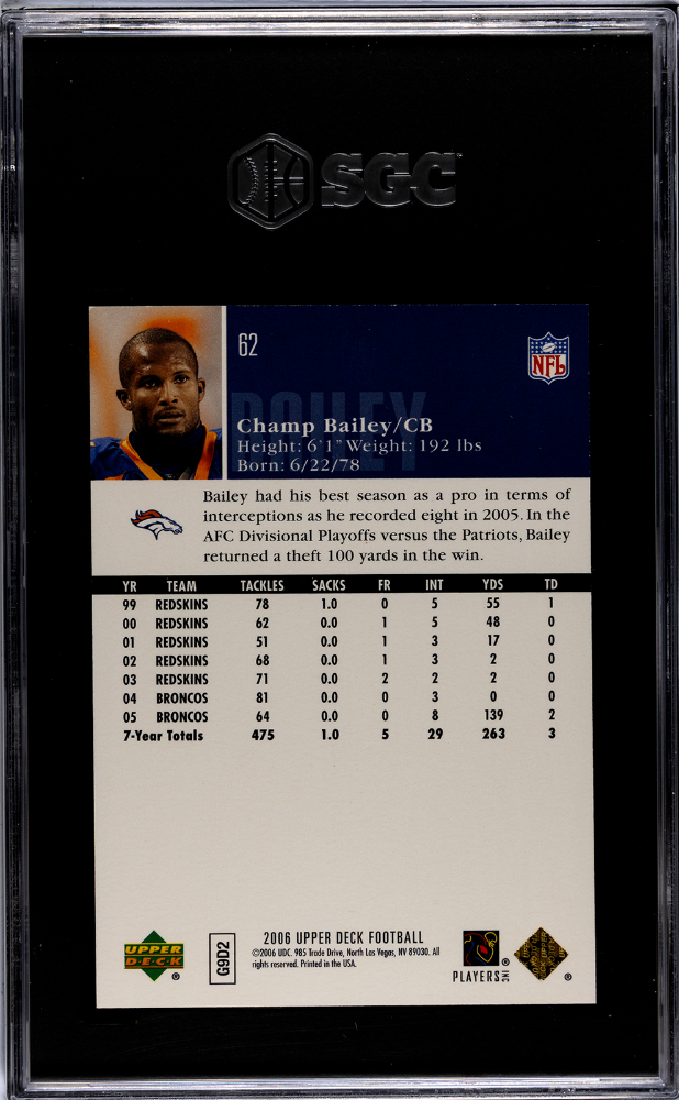 2006 Upper Deck Champ Bailey #62 Exclusives Gold #79/100 SGC 9 POP 1
