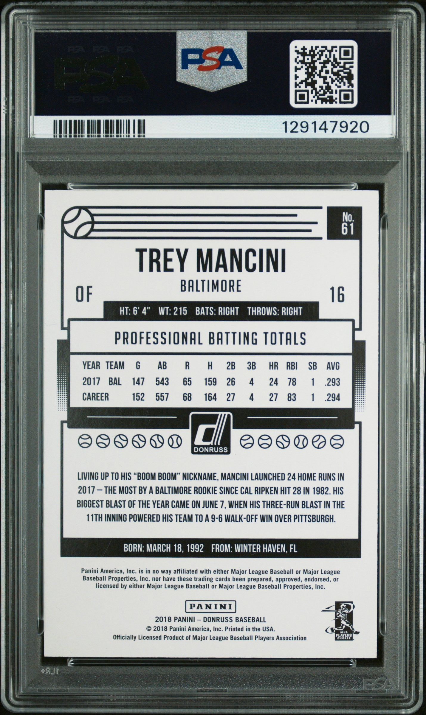 2018 Panini Donruss Trey Mancini #61 Press Proof #1/5 PSA 10 POP 1