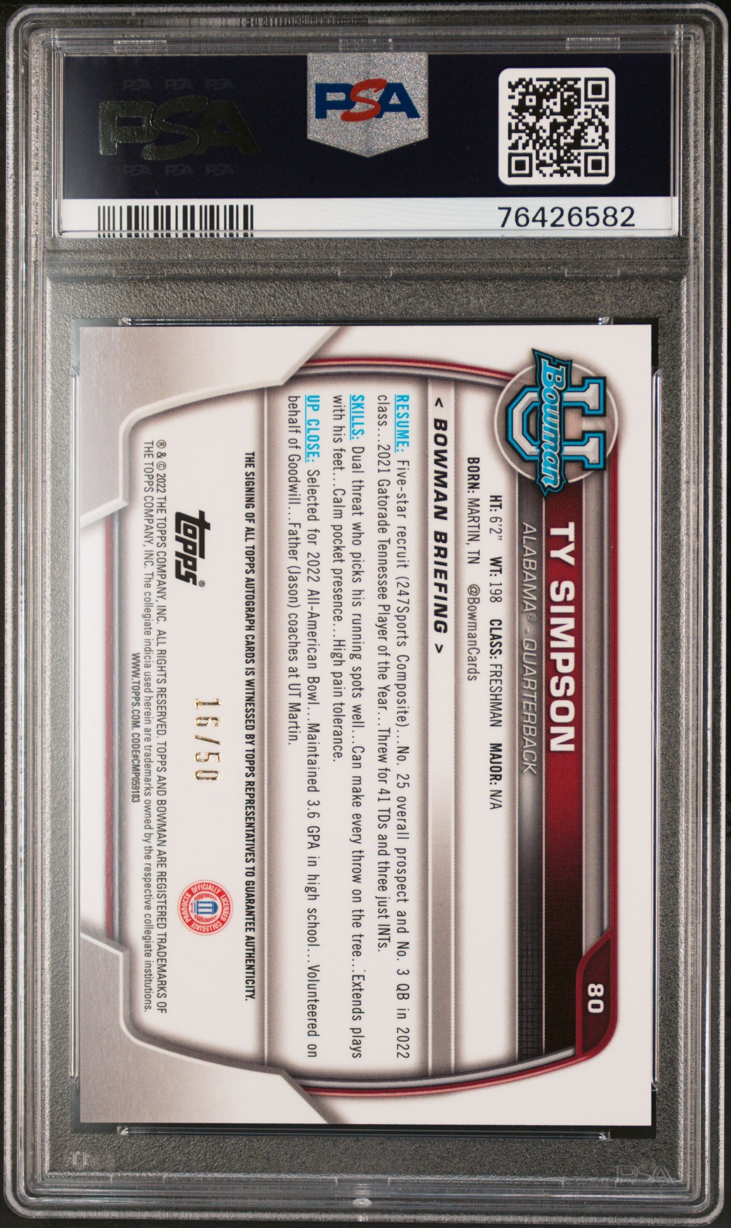 2022 Bowman University Chrome AUTO #16/50 Ty Simpson Gold Lava Refractor PSA 10