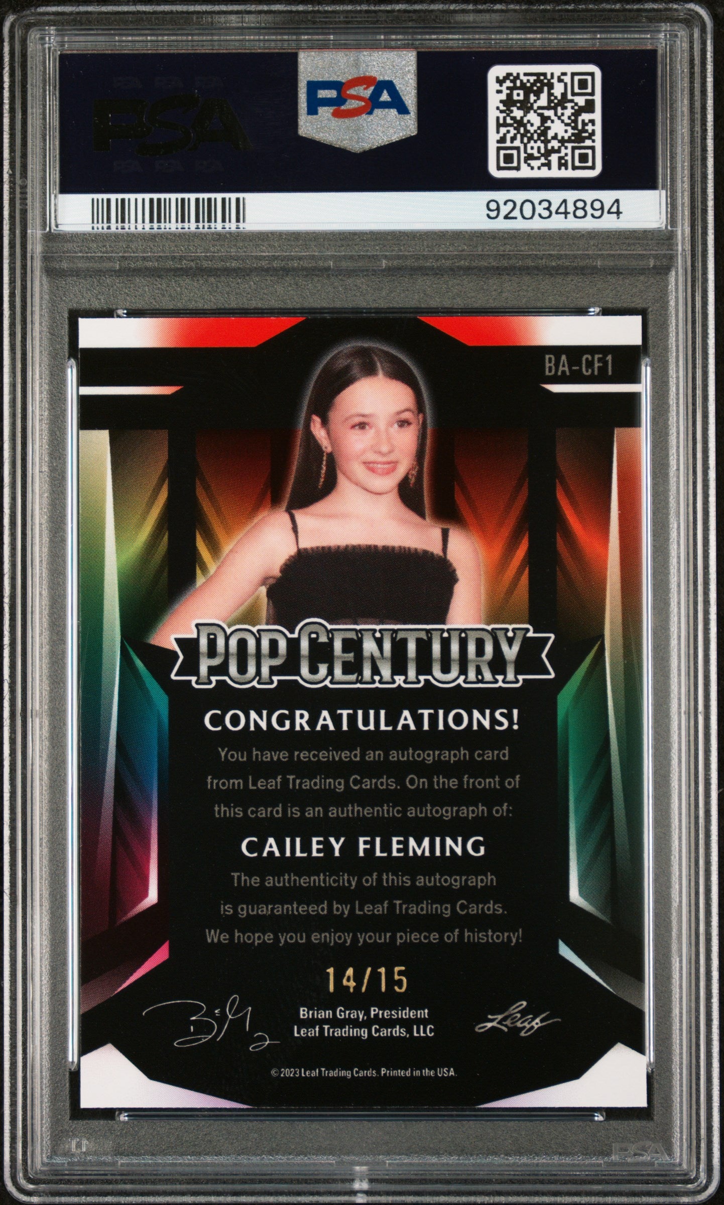 Cailey Fleming 2023 Leaf Metal Pop Century AUTO #14/15 Silver Mojo PSA 10