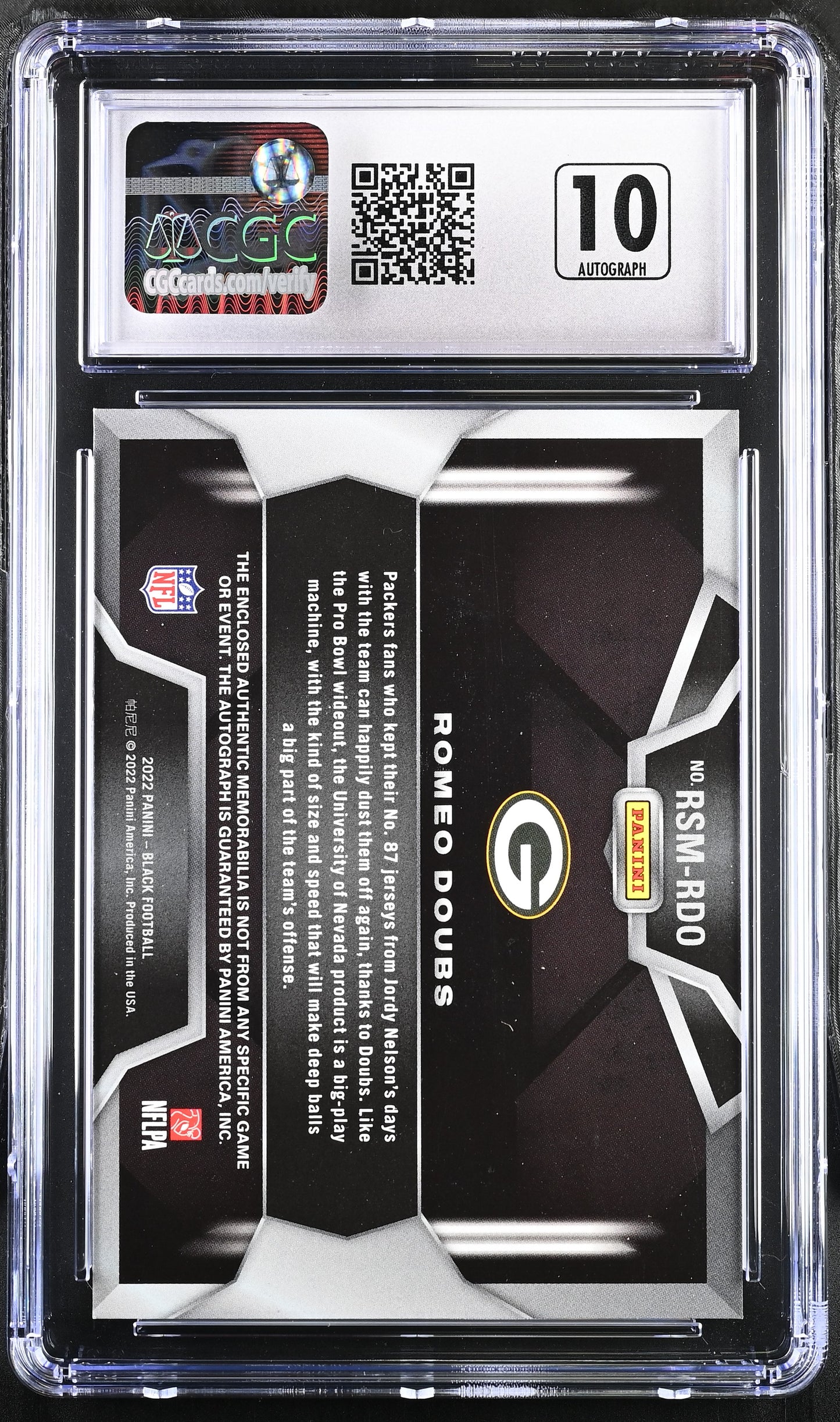 2022 Panini Black Romeo Doubs Copper Rookie Signature Materials CGC 7 auto