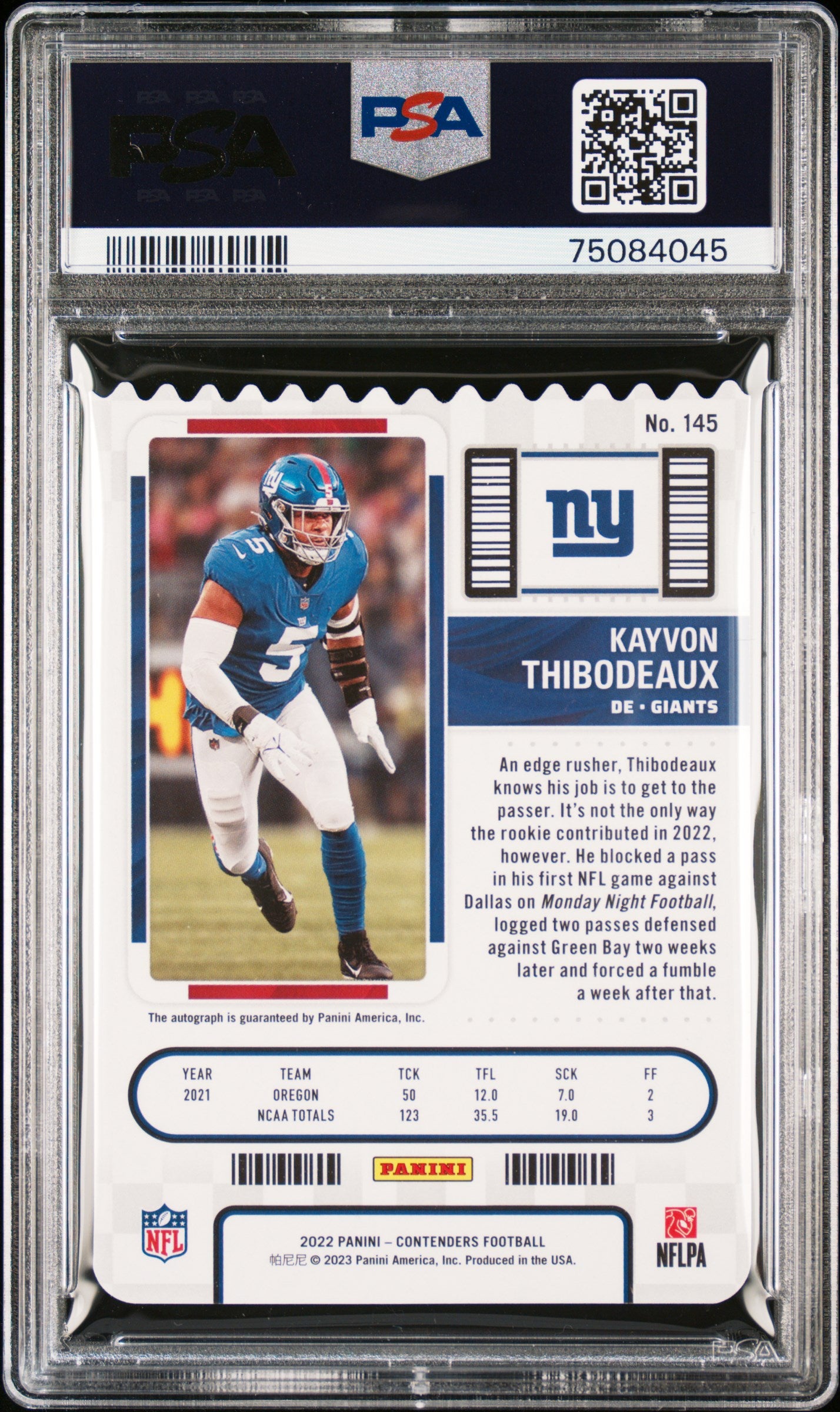 2022 Panini Contenders Kayvon Thibodeaux #145 Auto Ticket Stub #3/5 PSA 10