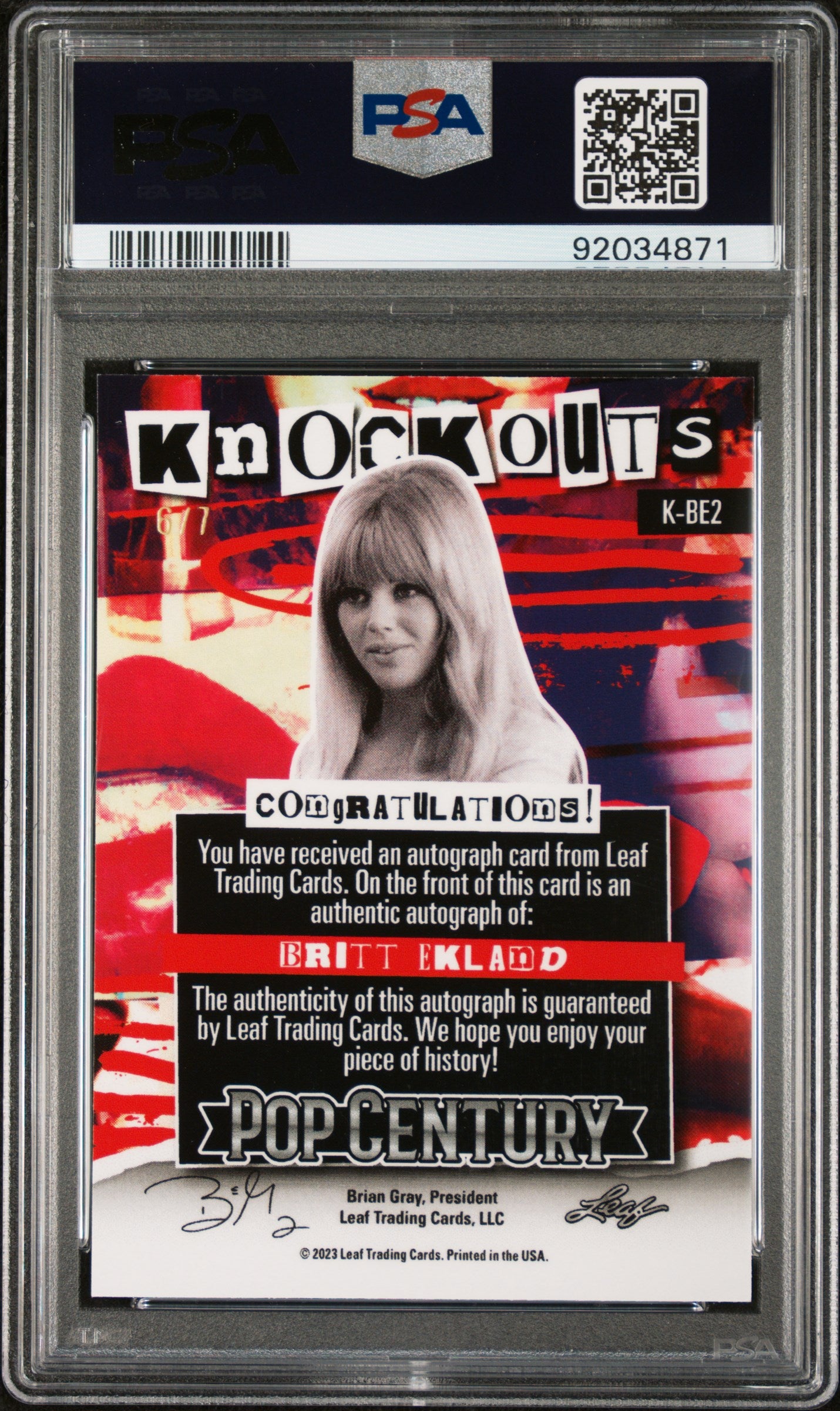 Britt Ekland 2023 Leaf Metal Pop Century Knockouts AUTO #6/7 Purple PSA 10