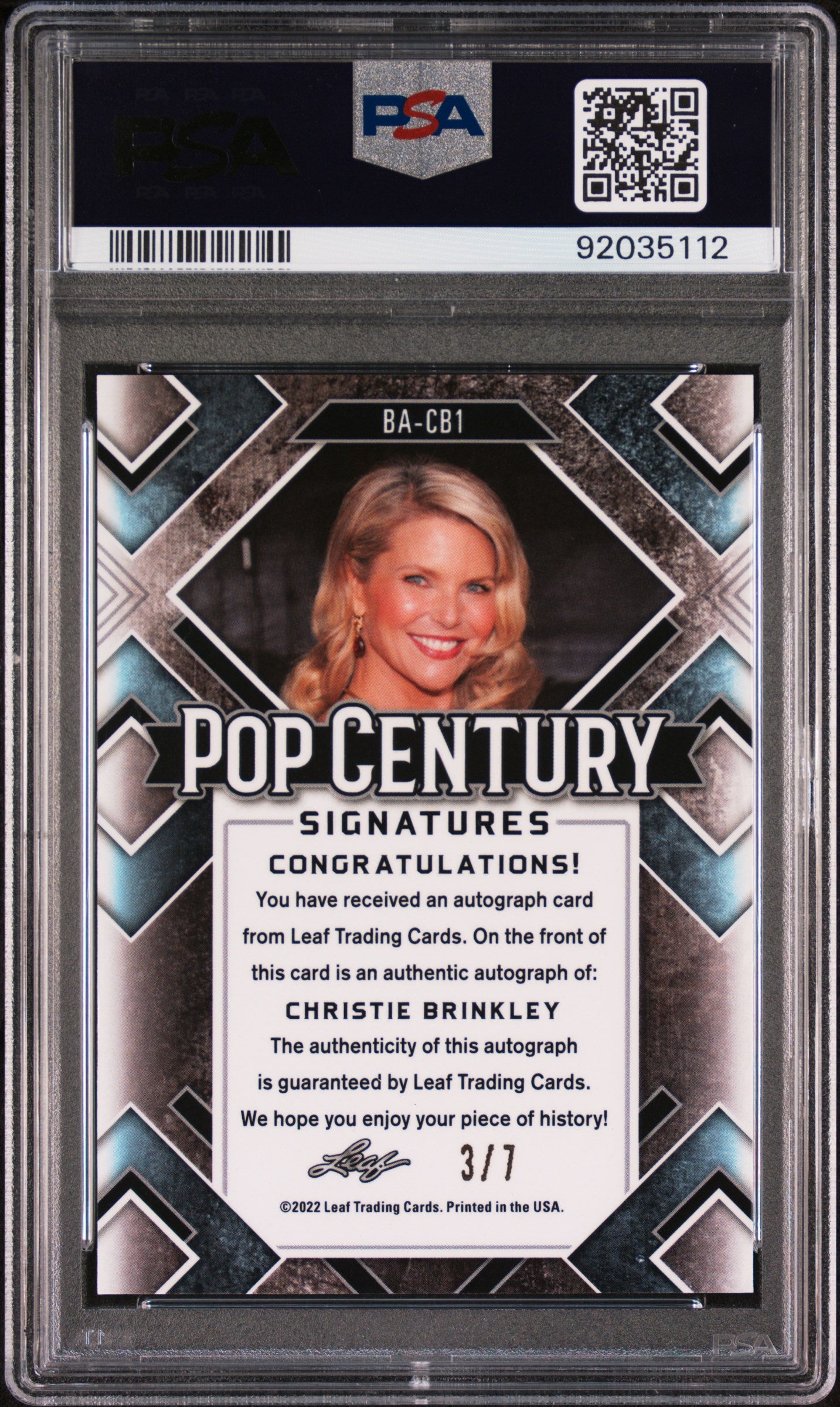 Christie Brinkley 2022 Leaf Metal Pop Century #3/7 Auto Purple Crystal PSA 9