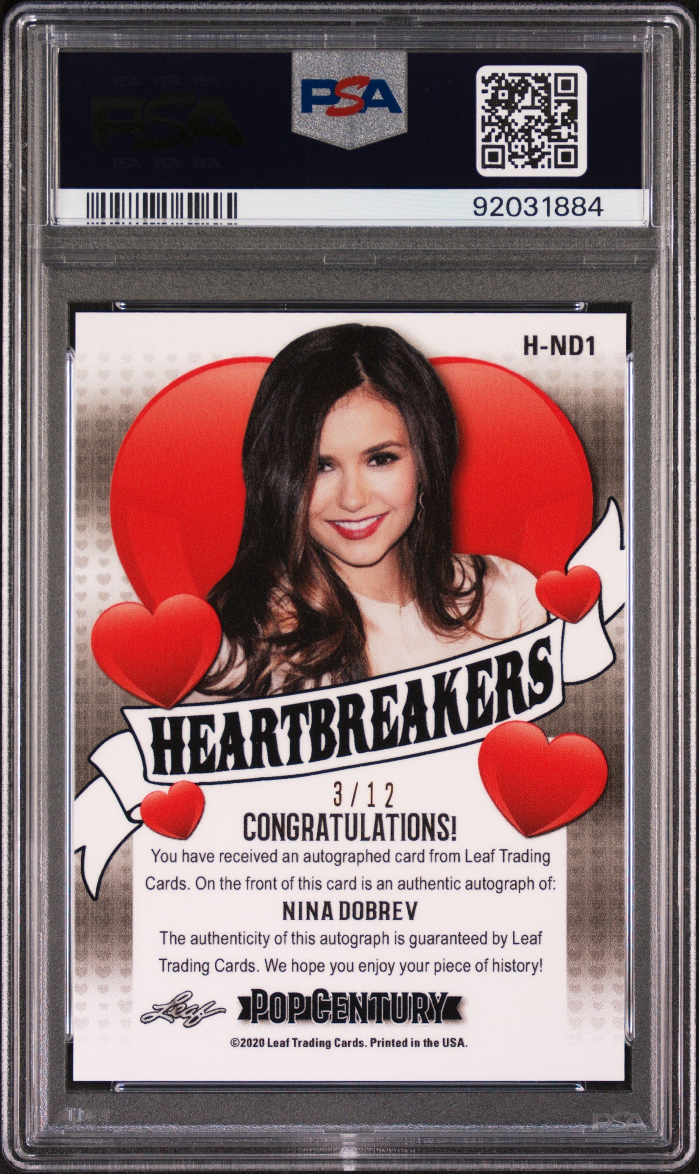 Nina Dobrev 2020 Leaf Metal Pop Century Heartbreakers AUTO #3/12 Blue PSA 10