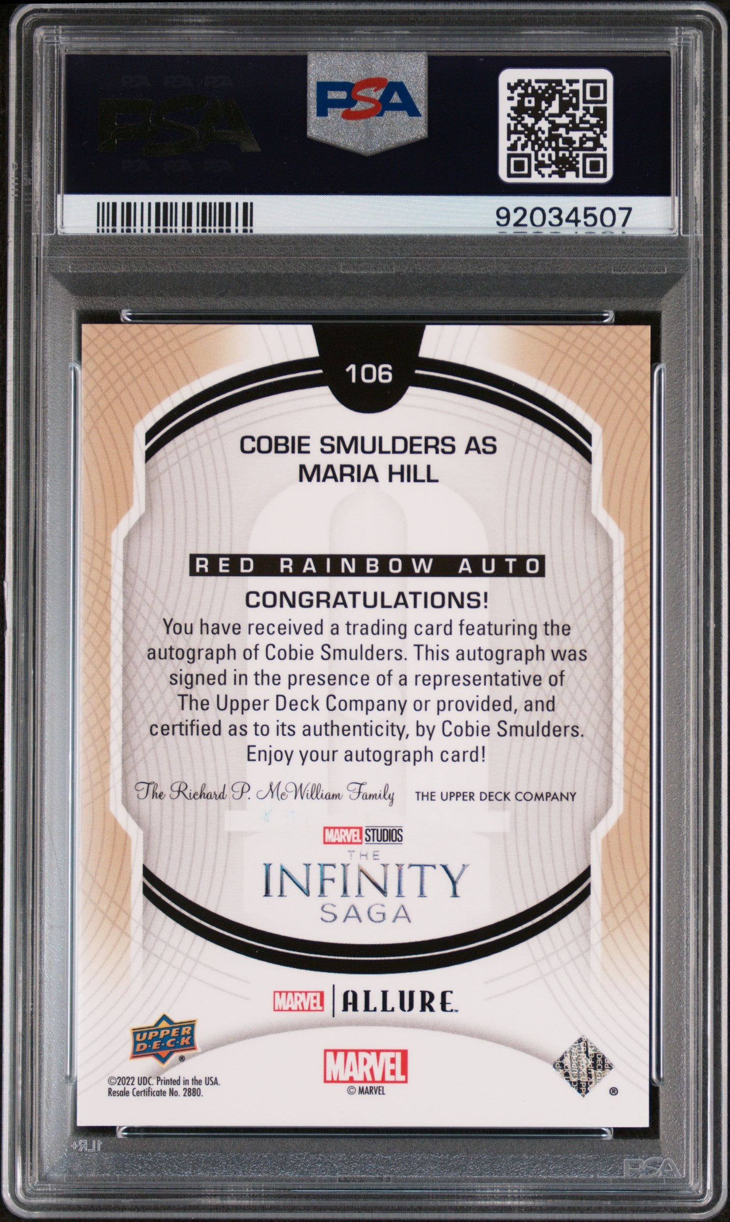 Cobie Smulders MARIA HILL 2022 Upper Deck Marvel Allure AUTO Red Rainbow PSA 10