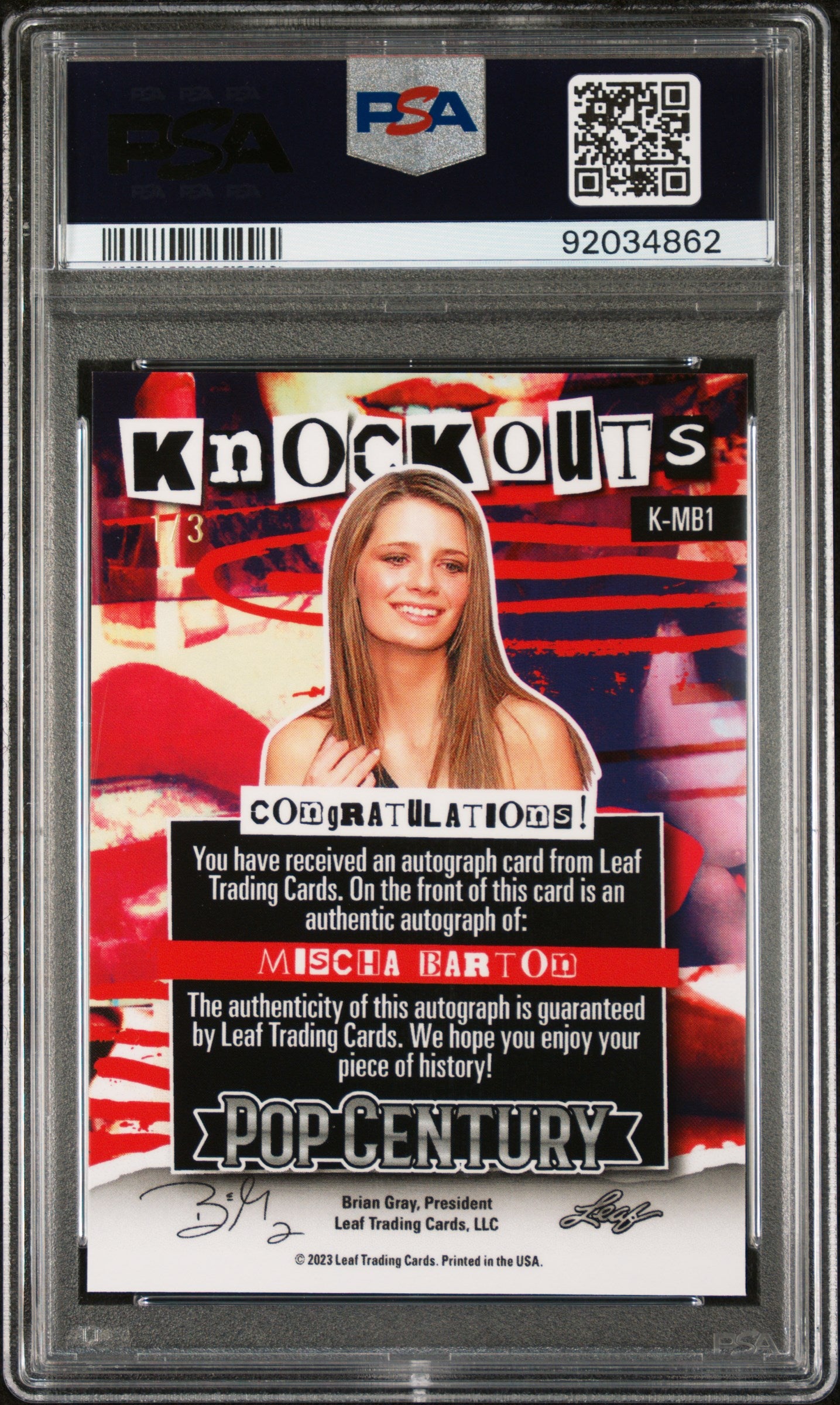 Mischa Barton 2023 Leaf Metal Pop Century Knockouts Black AUTO #1/3 PSA 10