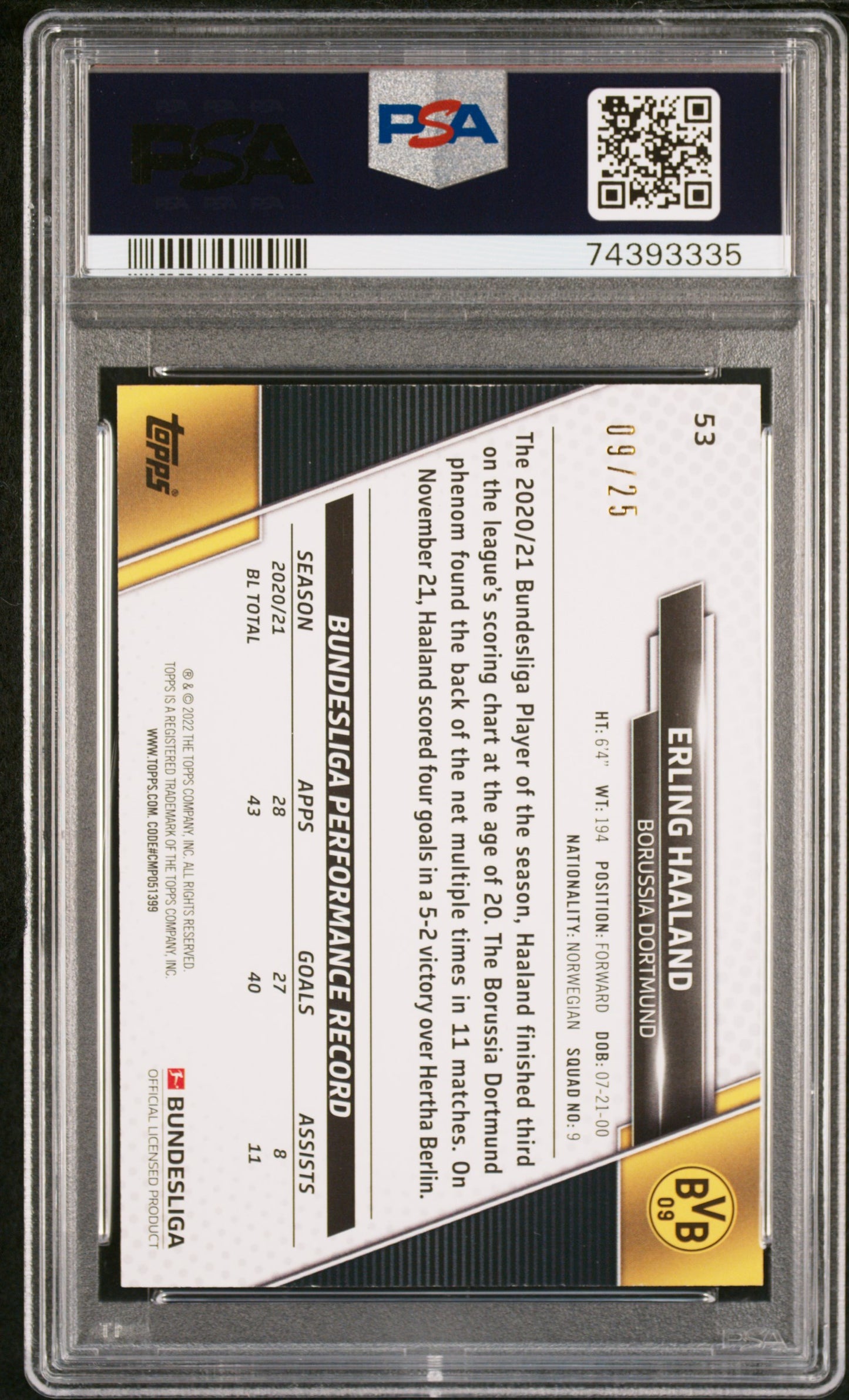 2021-22 Topps Bundesliga Erling Haaland #53 Orange #9/25 (JERSEY NUMBER) PSA 9