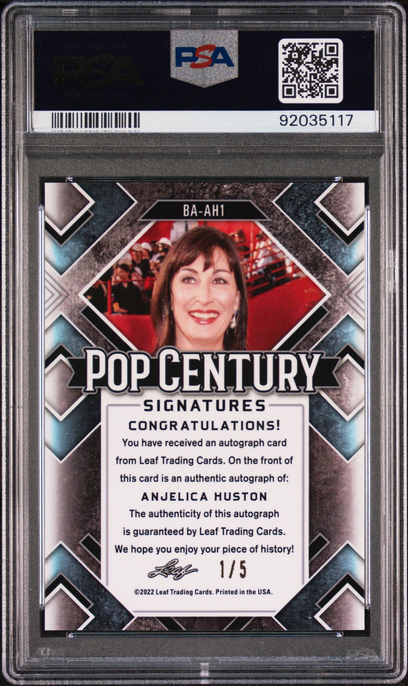 Anjelica Huston 2022 Leaf Metal Pop Century Auto #1/5 Green Crystal PSA 9