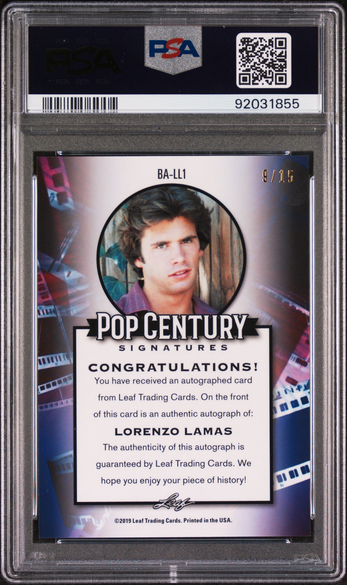 Lorenzo Lamas 2019 Leaf Pop Century Autograph AUTO Purple #9/15 PSA 9 POP 1