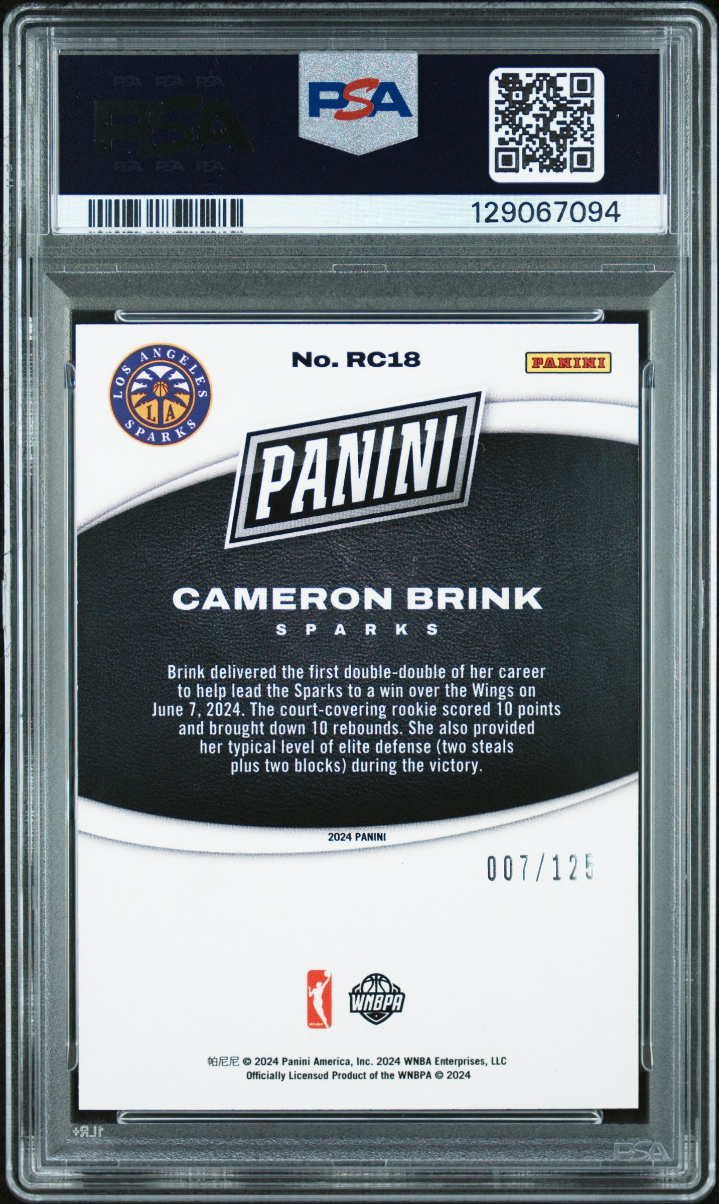 2024 Panini Black Friday Rookies Cameron Brink #RC18 Red PSA 9 /125
