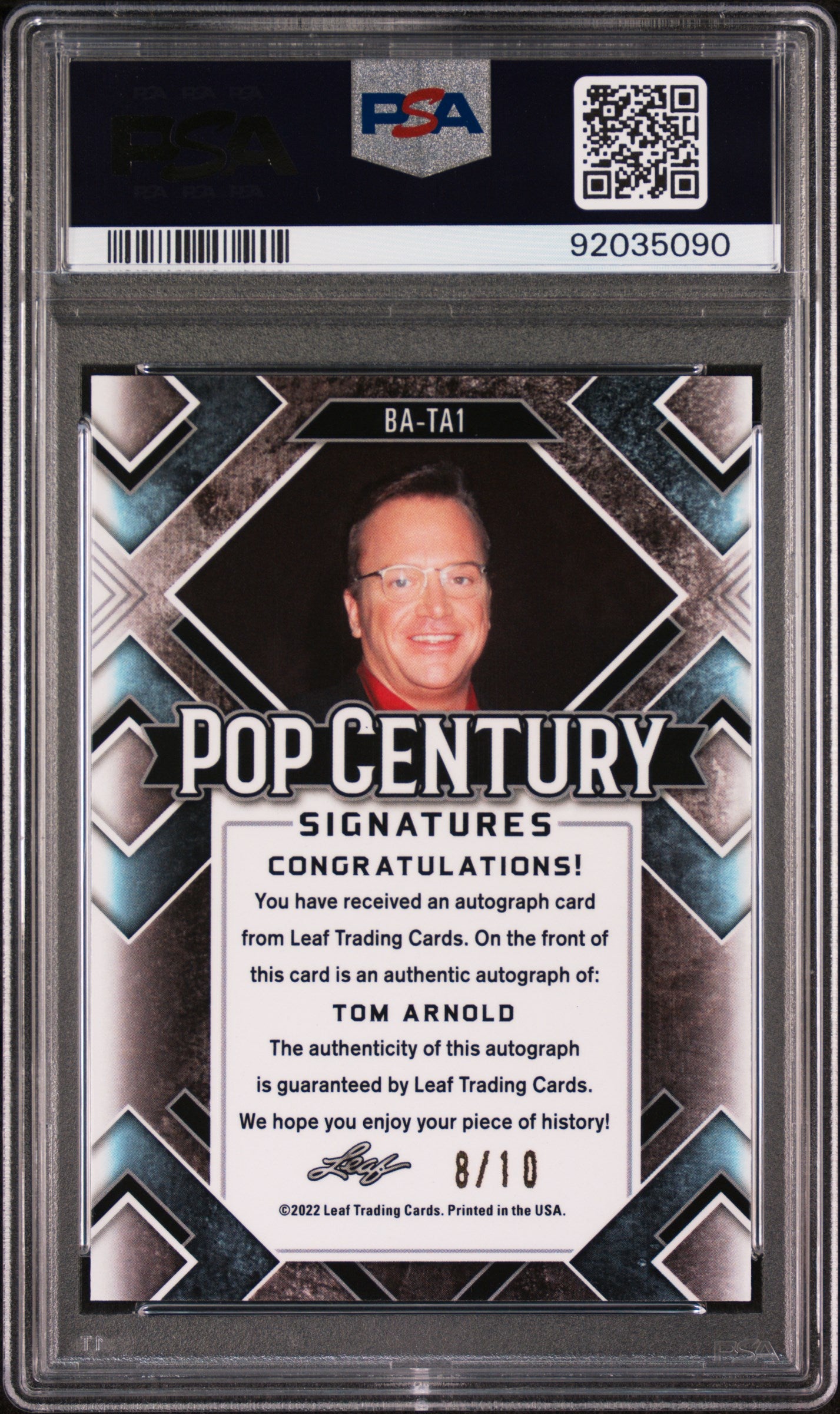 Tom Arnold 2022 Leaf Metal Pop Century Autographs AUTO #8/10 Purple Mojo PSA 9